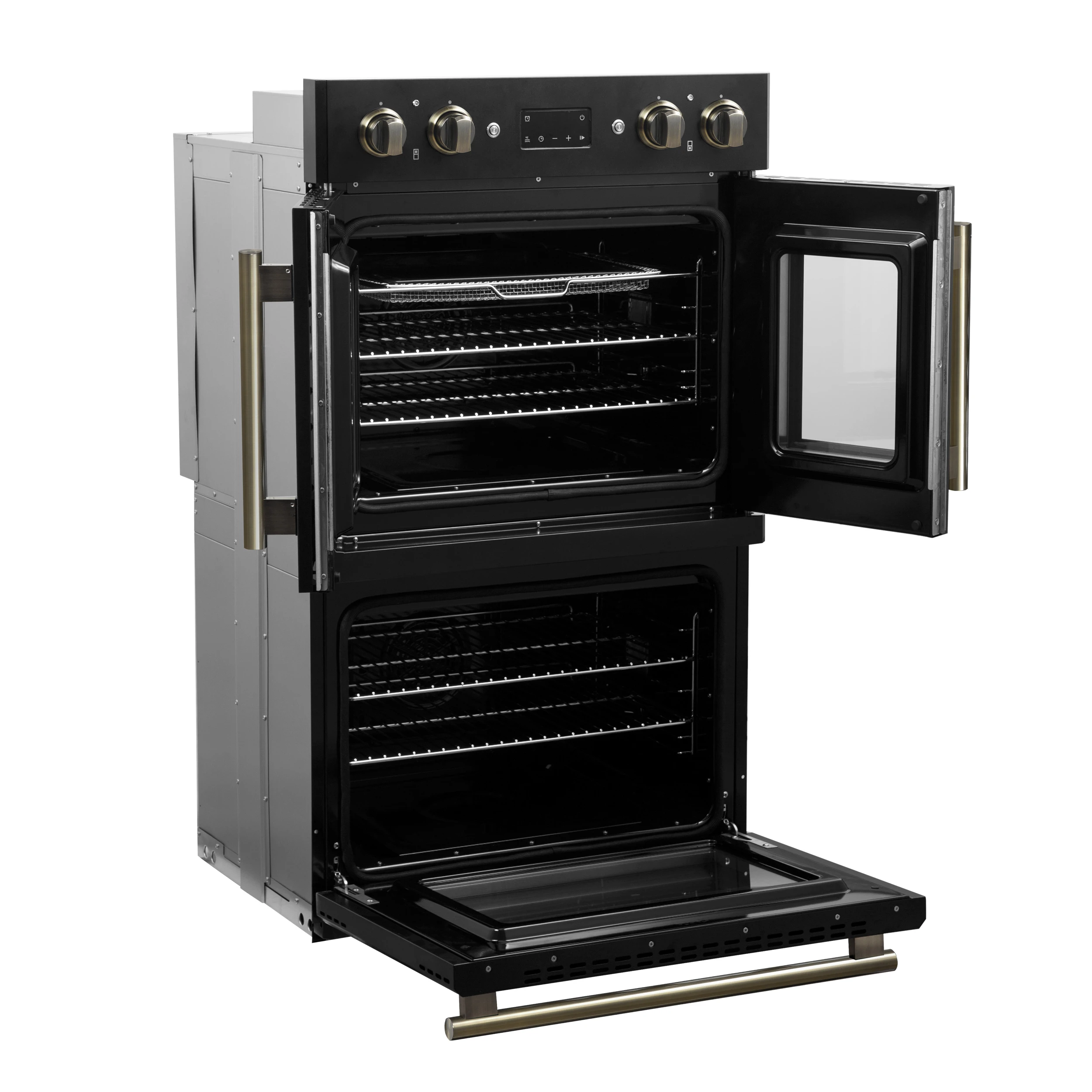 Asti 30-Inch Double Electric Wall Oven with Upper French Doors in Black & Antique Brass, 7.36 cu. ft. Dual True Convection, 7,200W, Air Fry, Sous Vide, Self-Clean FBOEL134030BLK