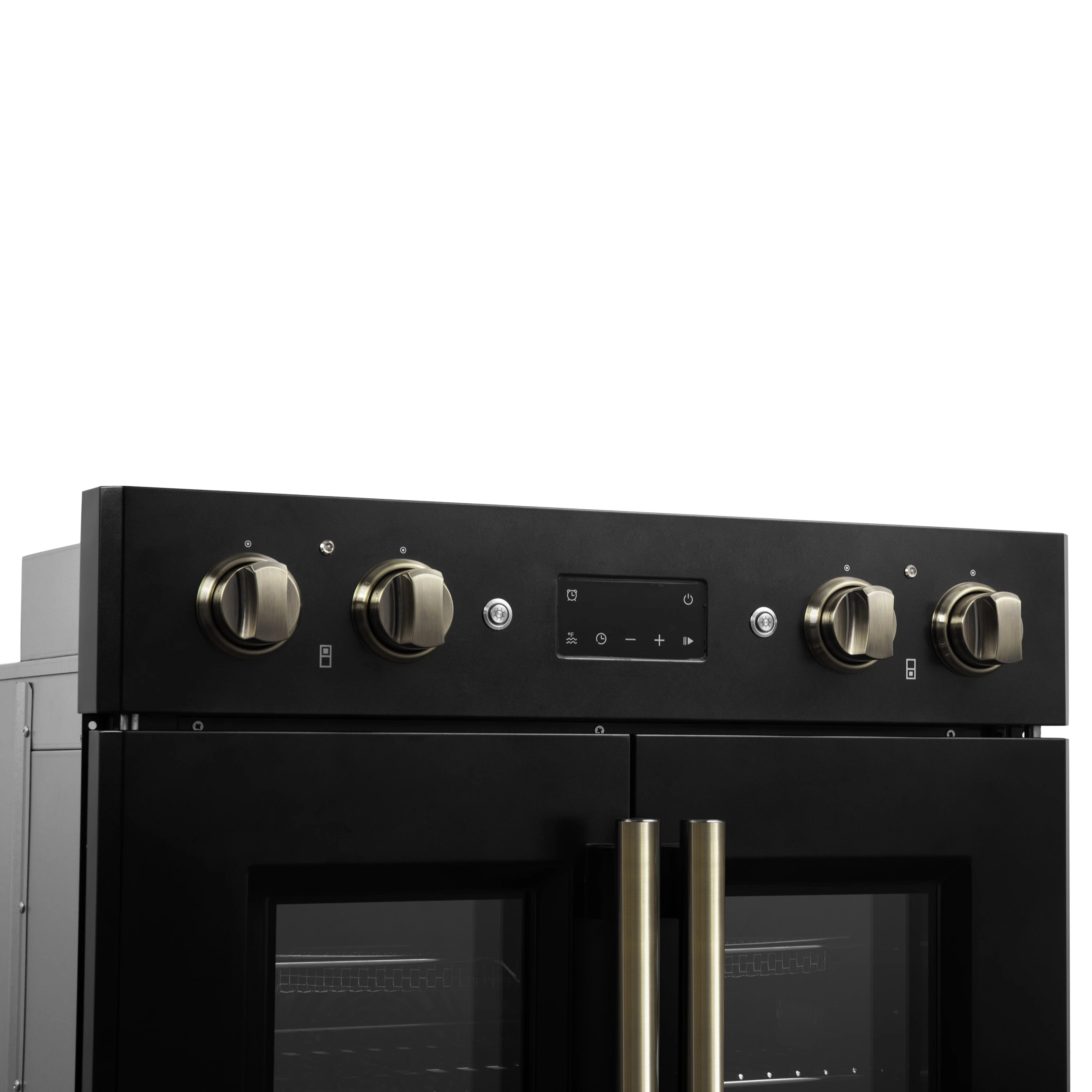 Asti 30-Inch Double Electric Wall Oven with Upper French Doors in Black & Antique Brass, 7.36 cu. ft. Dual True Convection, 7,200W, Air Fry, Sous Vide, Self-Clean FBOEL134030BLK