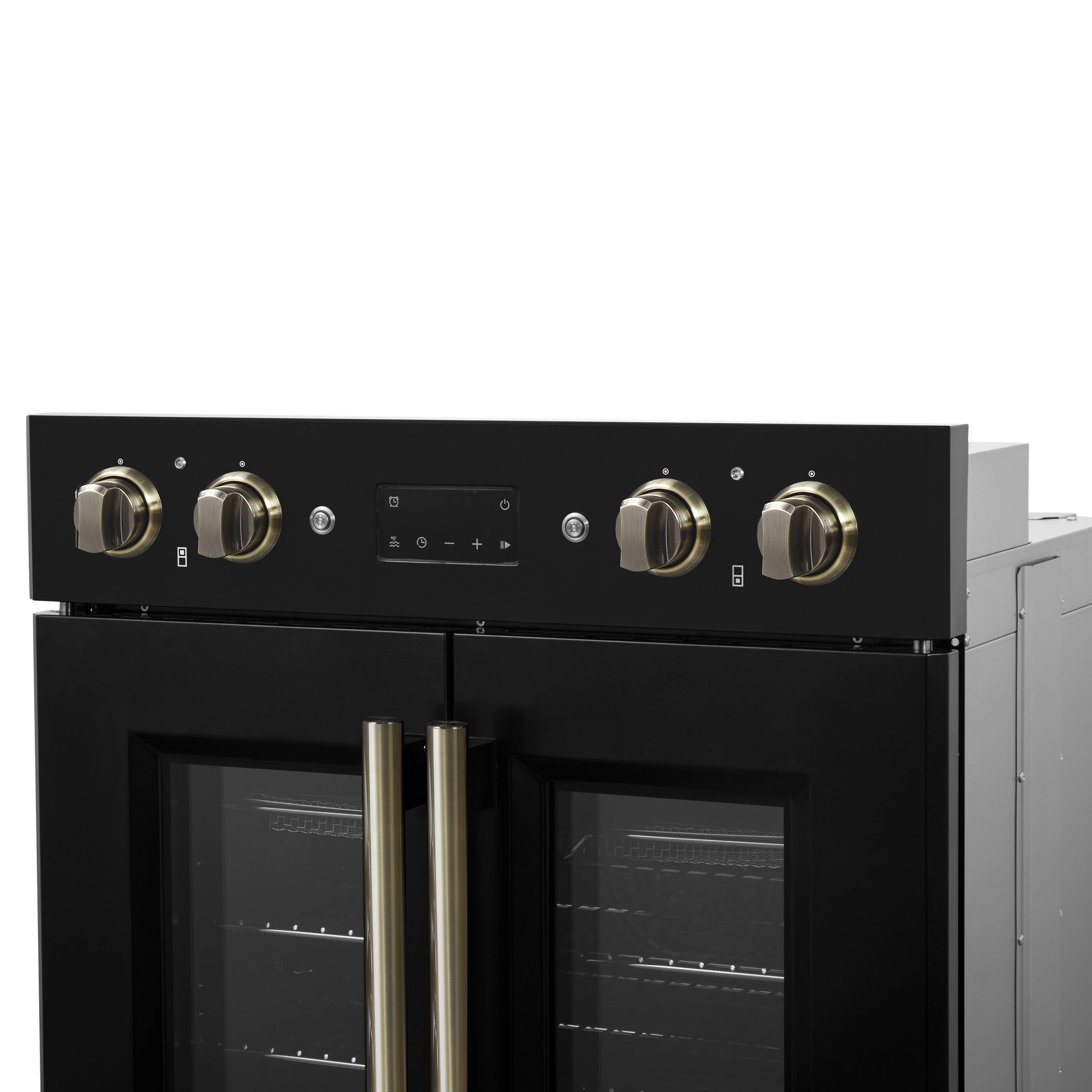 Asti 30-Inch Double Electric Wall Oven with Upper French Doors in Black & Antique Brass, 7.36 cu. ft. Dual True Convection, 7,200W, Air Fry, Sous Vide, Self-Clean FBOEL134030BLK