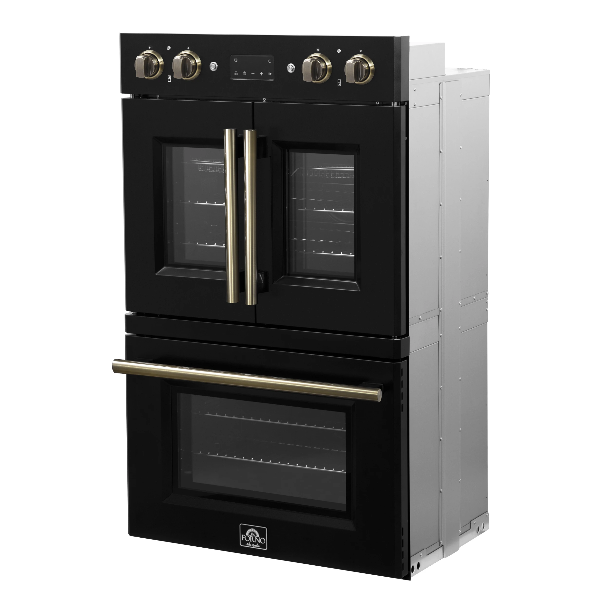 Asti 30-Inch Double Electric Wall Oven with Upper French Doors in Black & Antique Brass, 7.36 cu. ft. Dual True Convection, 7,200W, Air Fry, Sous Vide, Self-Clean FBOEL134030BLK