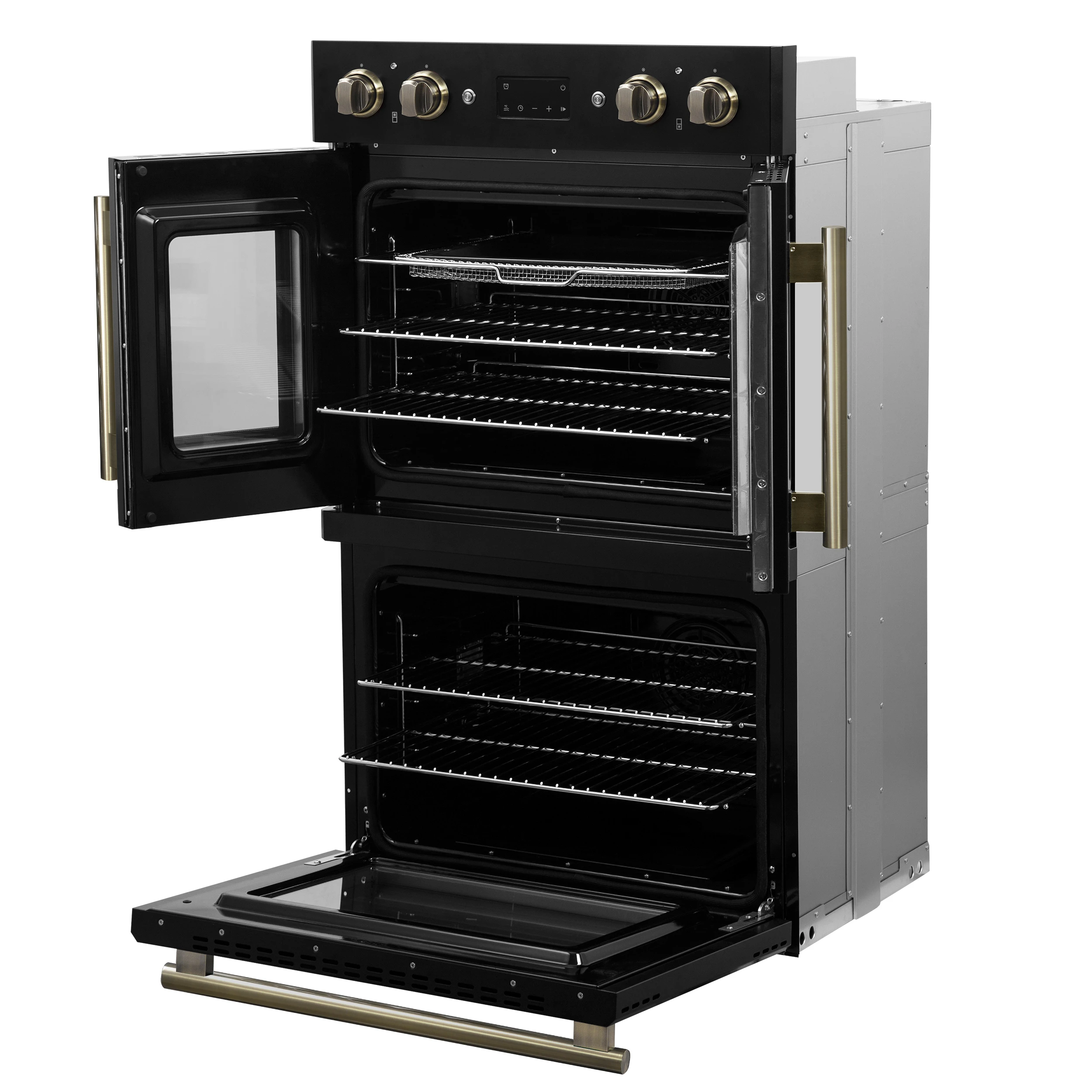 Asti 30-Inch Double Electric Wall Oven with Upper French Doors in Black & Antique Brass, 7.36 cu. ft. Dual True Convection, 7,200W, Air Fry, Sous Vide, Self-Clean FBOEL134030BLK