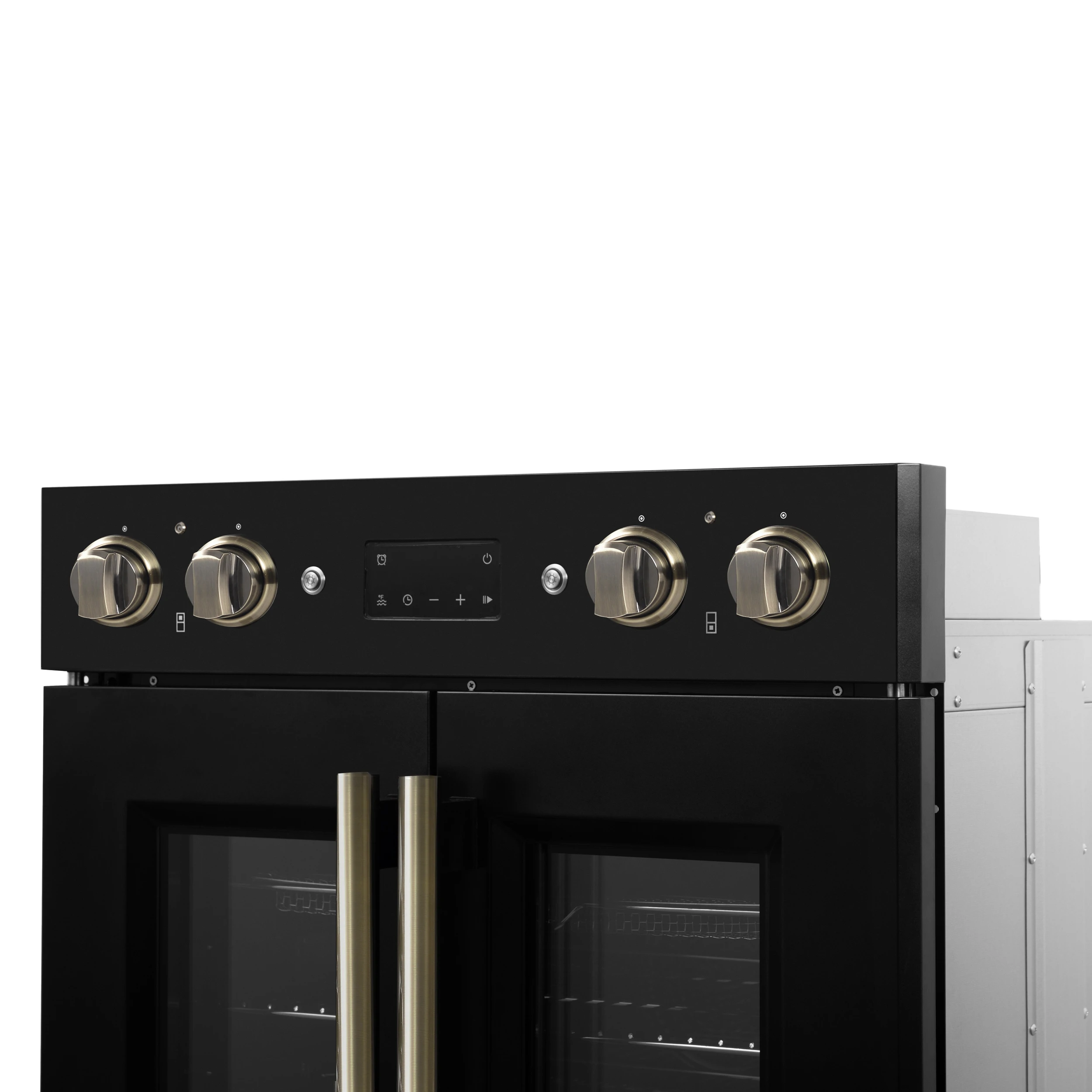 Asti 30-Inch Double Electric Wall Oven with Upper French Doors in Black & Antique Brass, 7.36 cu. ft. Dual True Convection, 7,200W, Air Fry, Sous Vide, Self-Clean FBOEL134030BLK