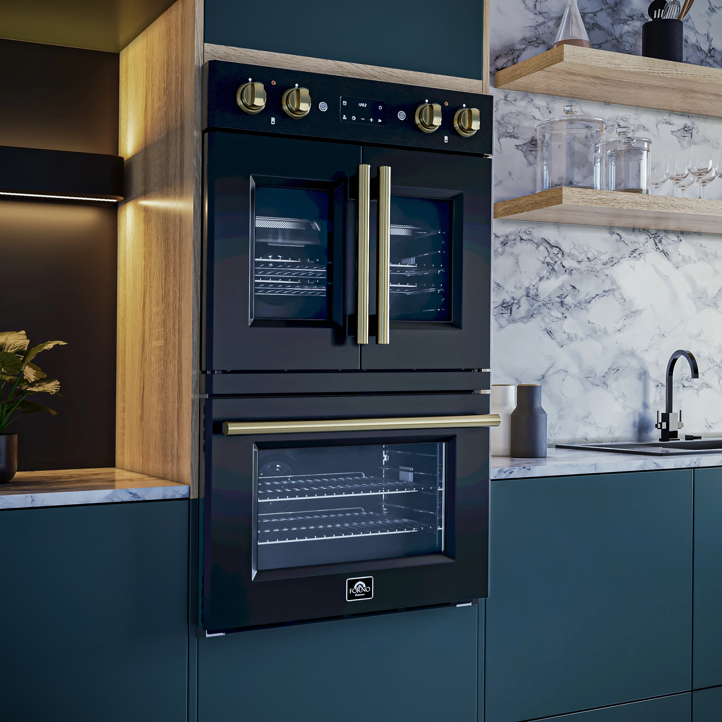 Asti 30-Inch Double Electric Wall Oven with Upper French Doors in Black & Antique Brass, 7.36 cu. ft. Dual True Convection, 7,200W, Air Fry, Sous Vide, Self-Clean FBOEL134030BLK