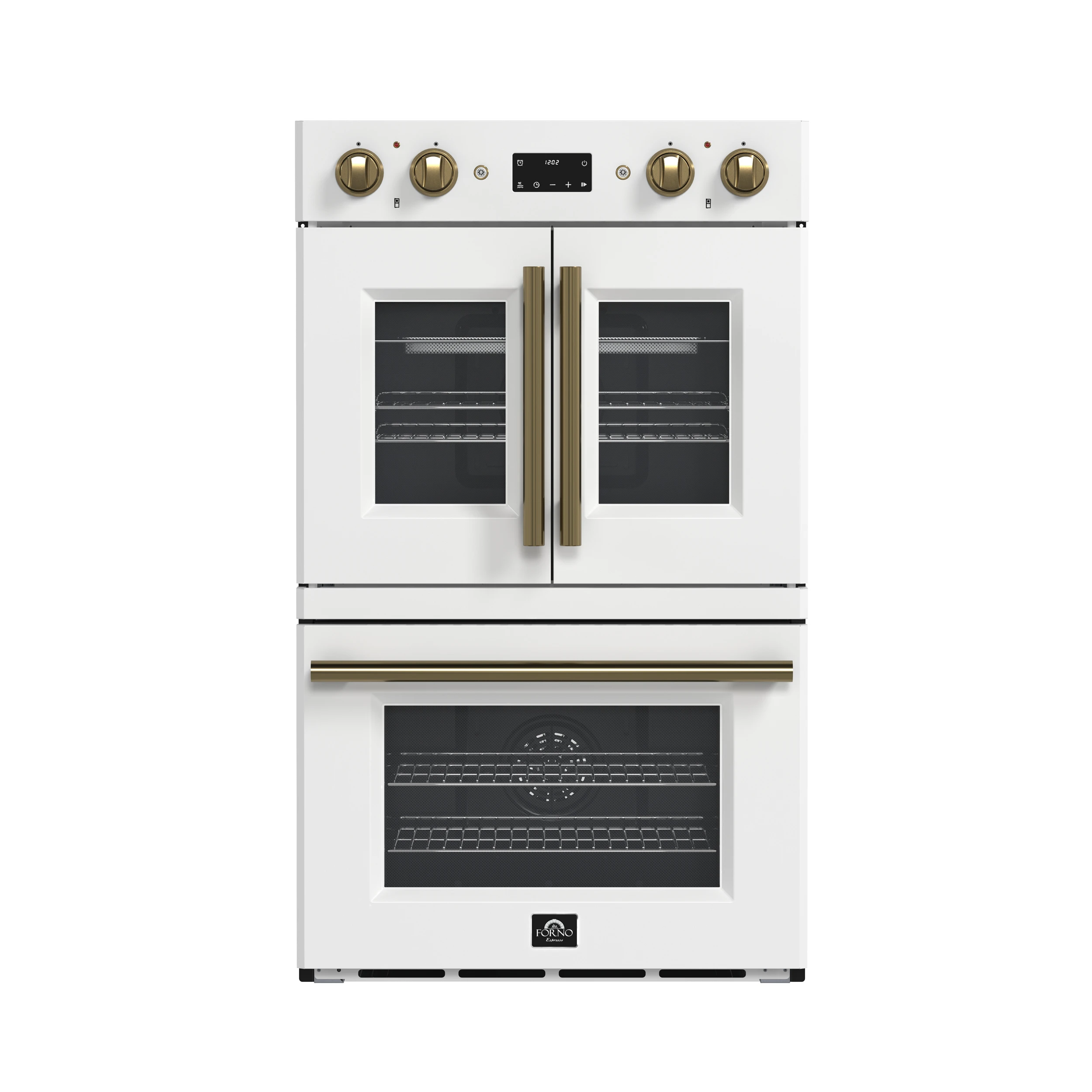 Asti 30-Inch Double Electric Wall Oven with Upper French Doors in White & Antique Brass, 7.36 cu. ft. Dual True Convection, 7,200W, Air Fry, Sous Vide, Self-Clean FBOEL134030WHT