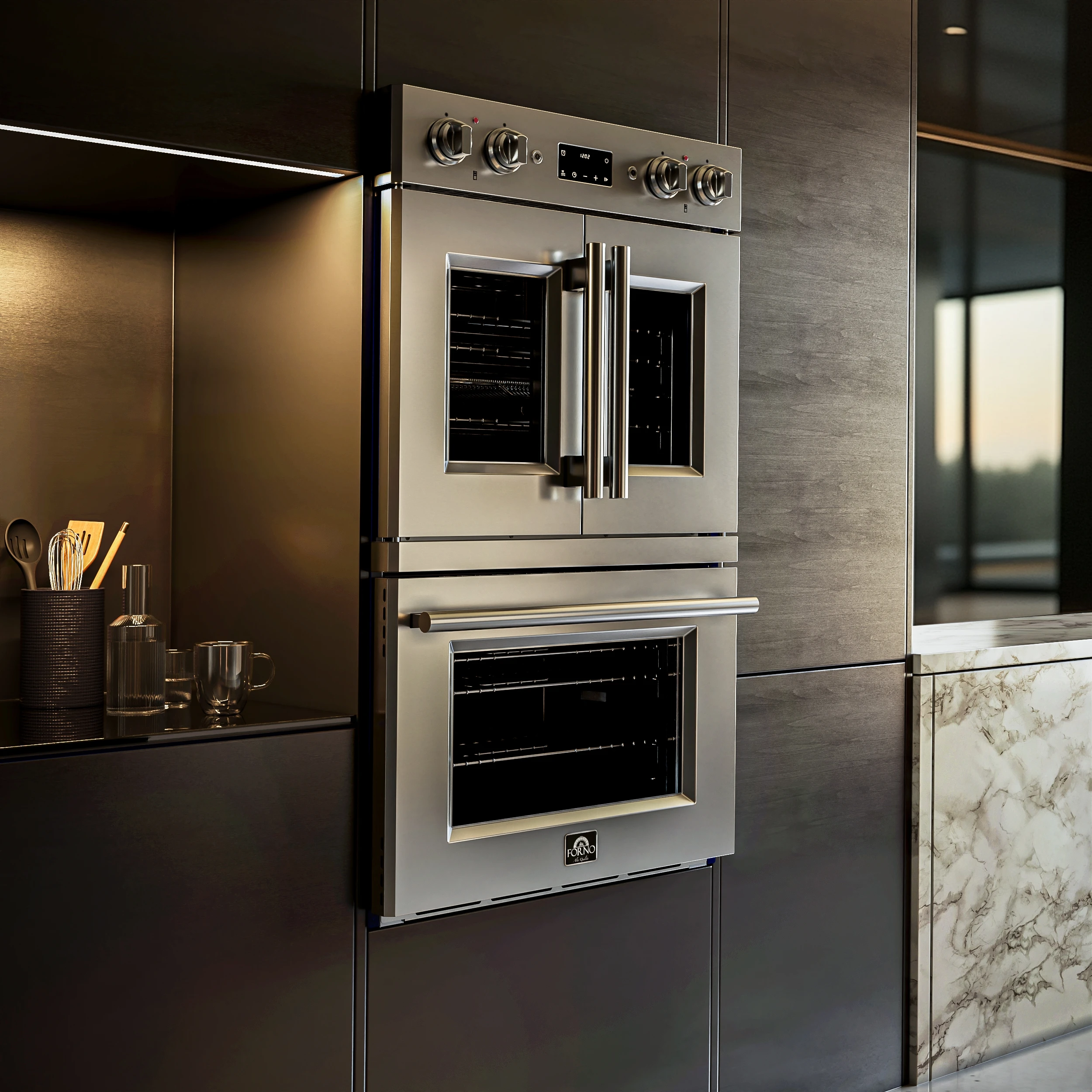 Gallico 30-Inch Electric French Door Double Oven, Stainless Steel, Convection Cooking, Touch Control Panel, Self-Cleaning Function FBOEL138830