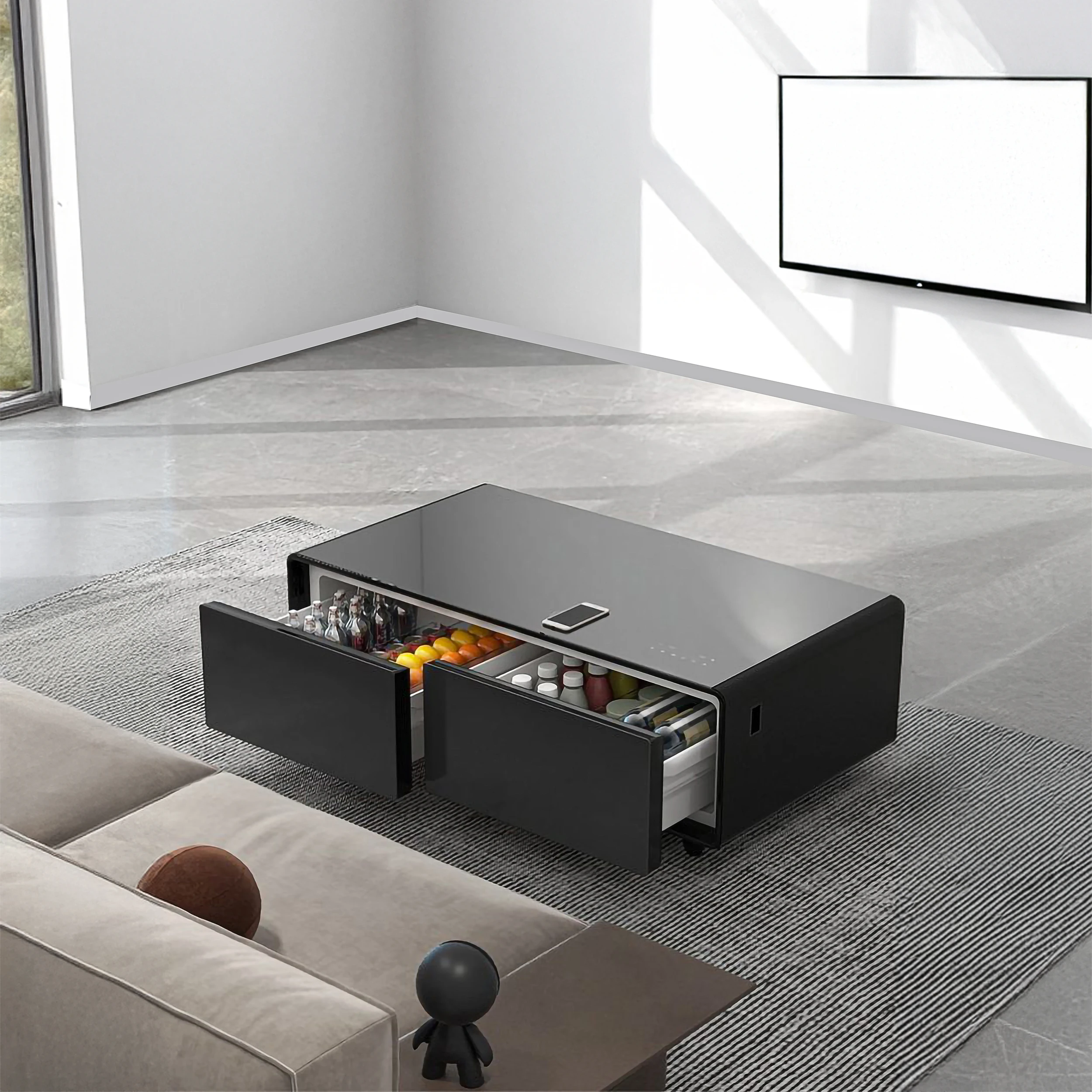 Evoluto Tavolo 51-Inch Black Smart Coffee Table – Dual Refrigerator Drawers, Bluetooth 5.0 Audio, Wireless Charging & RGB Ambient Light FCTFR700651BLK