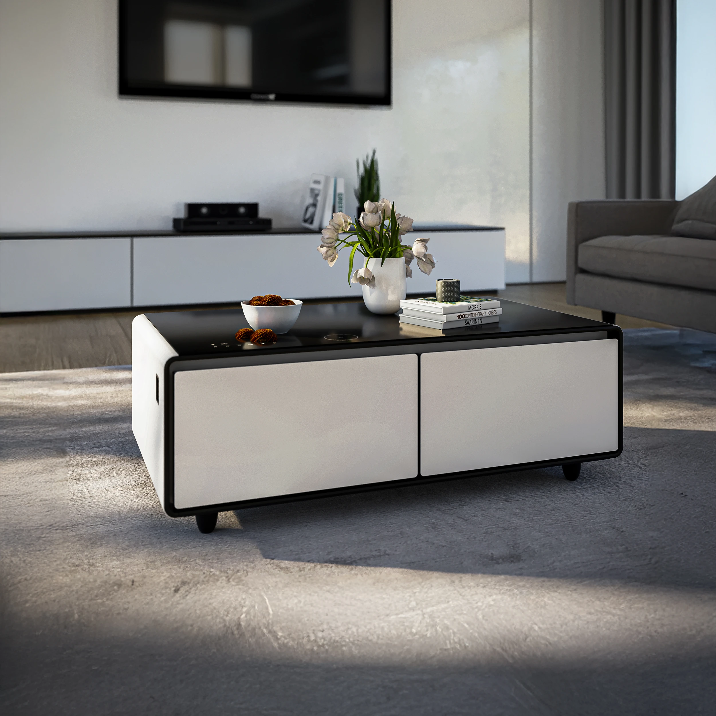 Evoluto Tavolo 51-Inch White Smart Coffee Table – Dual Refrigerator Drawers, Bluetooth 5.0 Audio, Wireless Charging & RGB Ambient Light FCTFR700651WHT