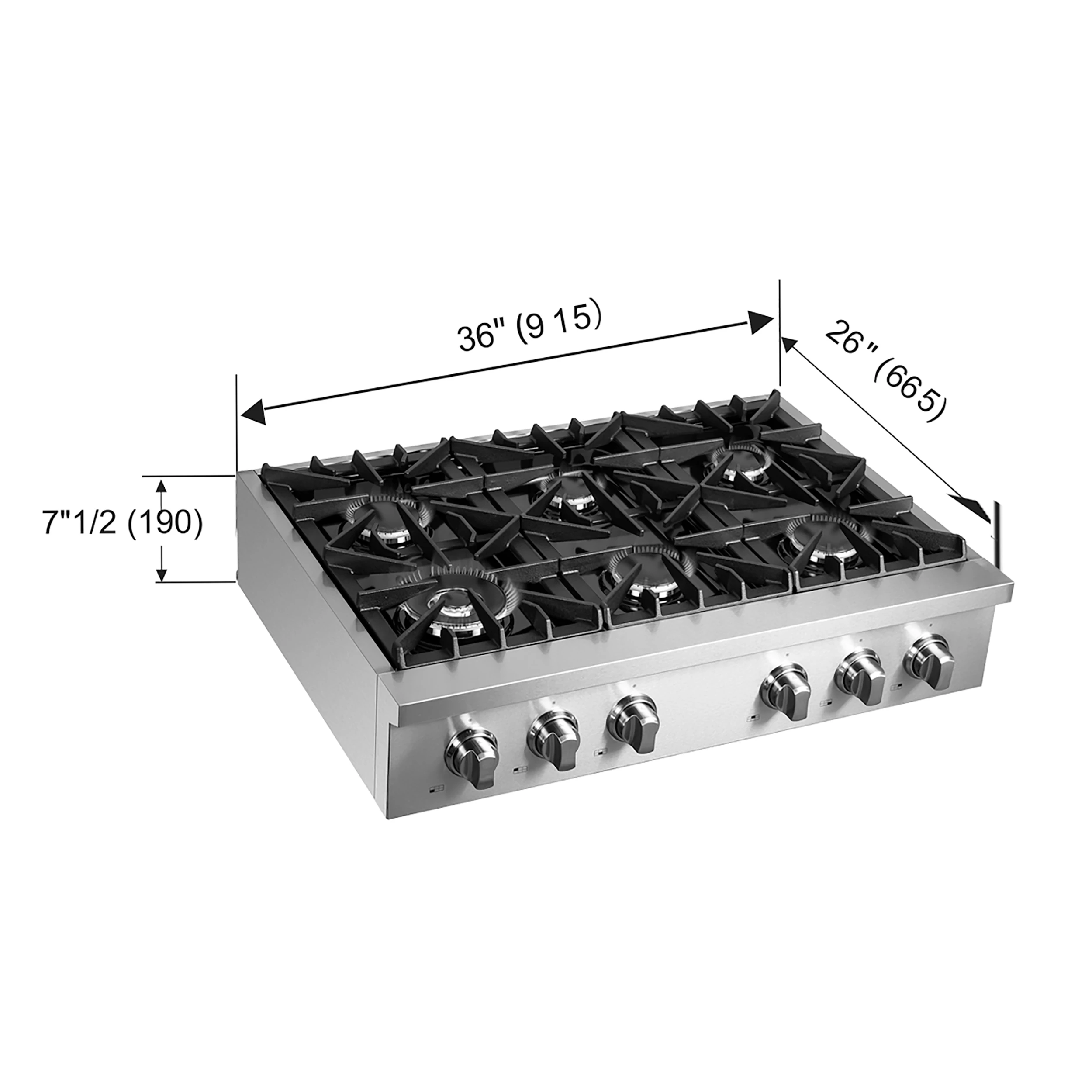 Cossato Alta Qualita 36-Inch Pro-Style Gas Rangetop, Stainless Steel, 6 Sealed Burners, 83,000 BTU Total Output, Continuous Cast Iron Grates FCTGS573736