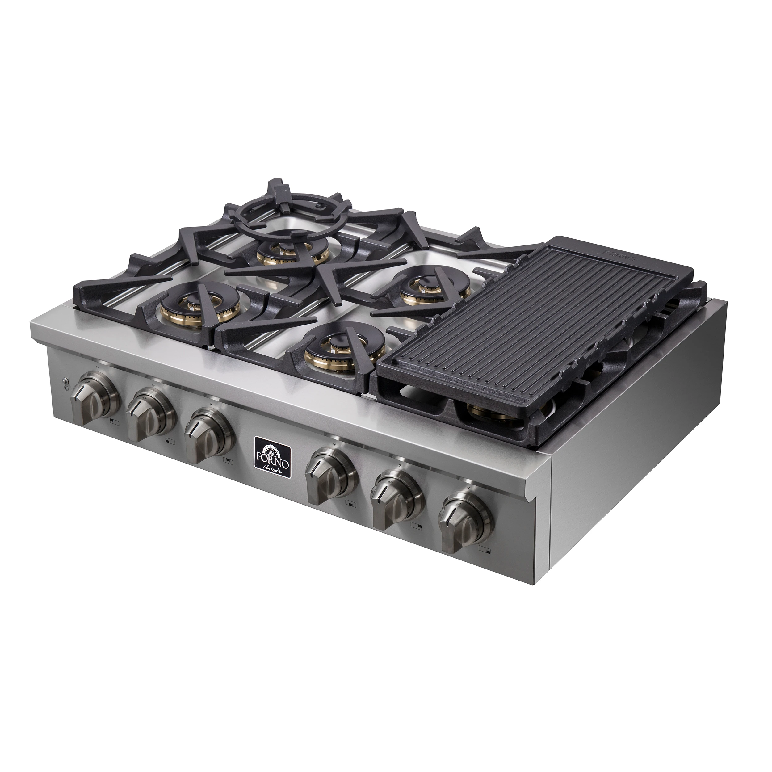 Spezia Alta Qualita 36-Inch Pro-Style Gas Rangetop, Stainless Steel, 6 Sealed Burners, Continuous Cast Iron Grates, High Heat Output FCTGS575136