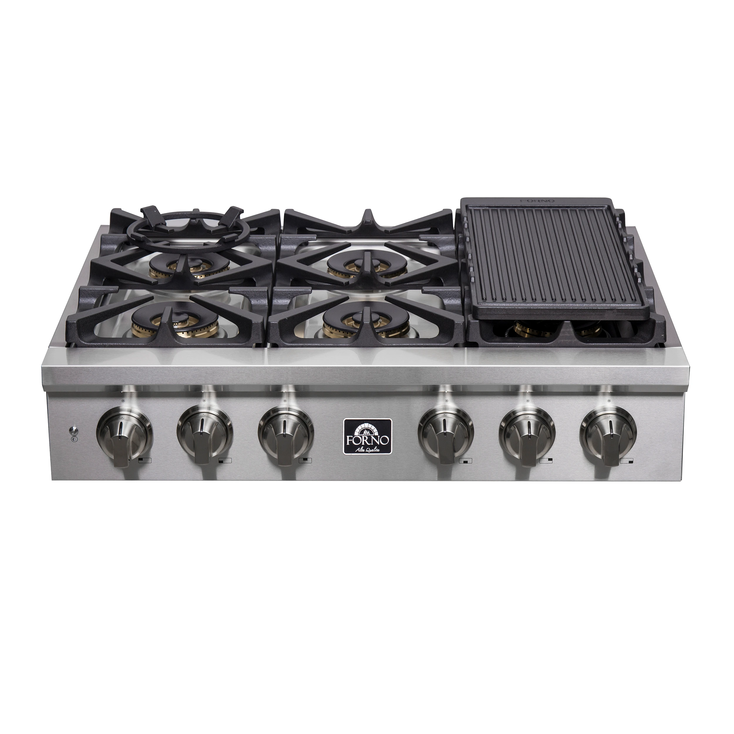 Spezia Alta Qualita 36-Inch Pro-Style Gas Rangetop, Stainless Steel, 6 Sealed Burners, Continuous Cast Iron Grates, High Heat Output FCTGS575136