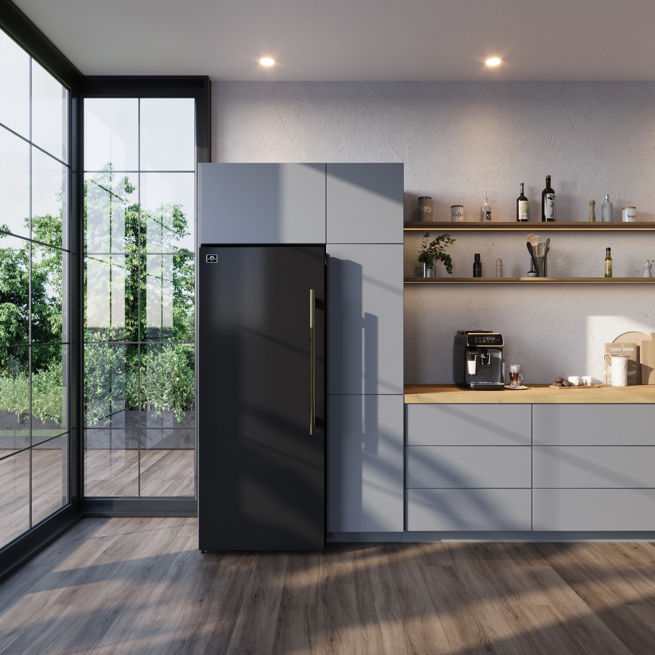 Maderno 28-Inch Convertible Upright Freezer/Refrigerator in Black with Antique Brass Handle, 13.6 cu.ft., Left Swing FFFFD172228BLKLS