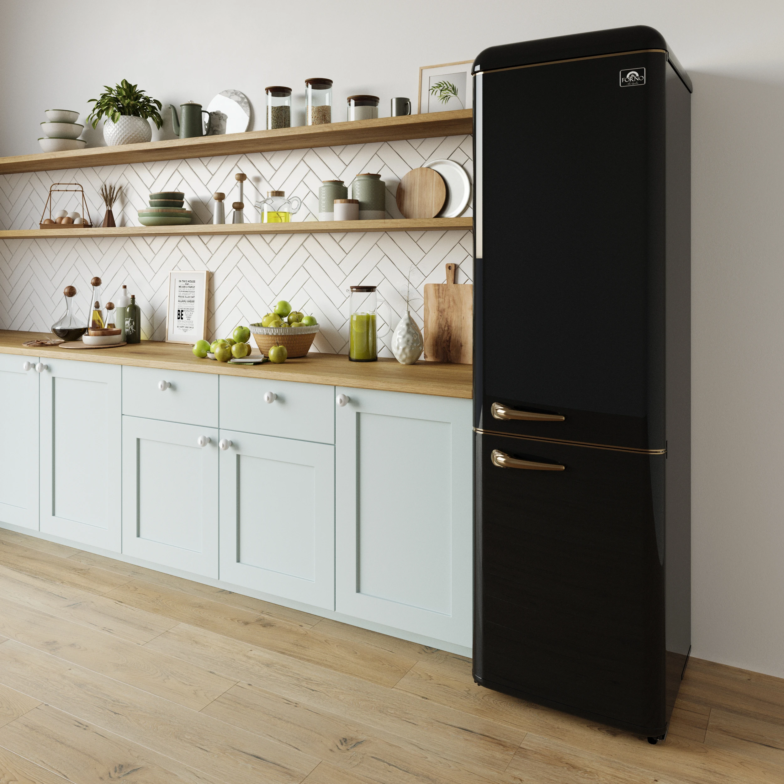 Storico 22-Inch Retro bottom freezer Fridge in Black, 9 cu.ft, copper-tone handle FFFFD174522BLK