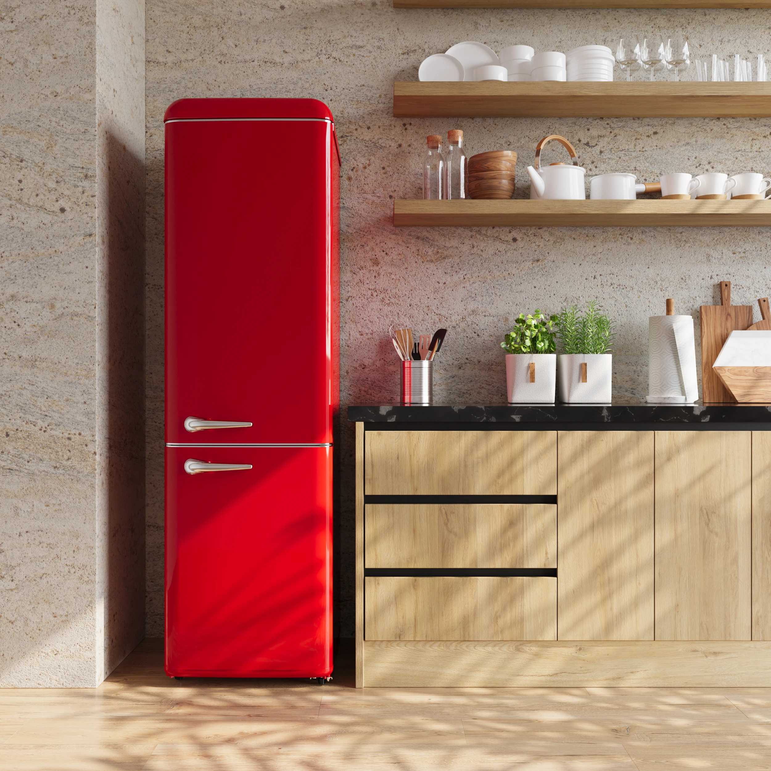 Storico 22-Inch Retro bottom freezer Fridge in Red, 9 cu.ft, silver handle FFFFD174522RED