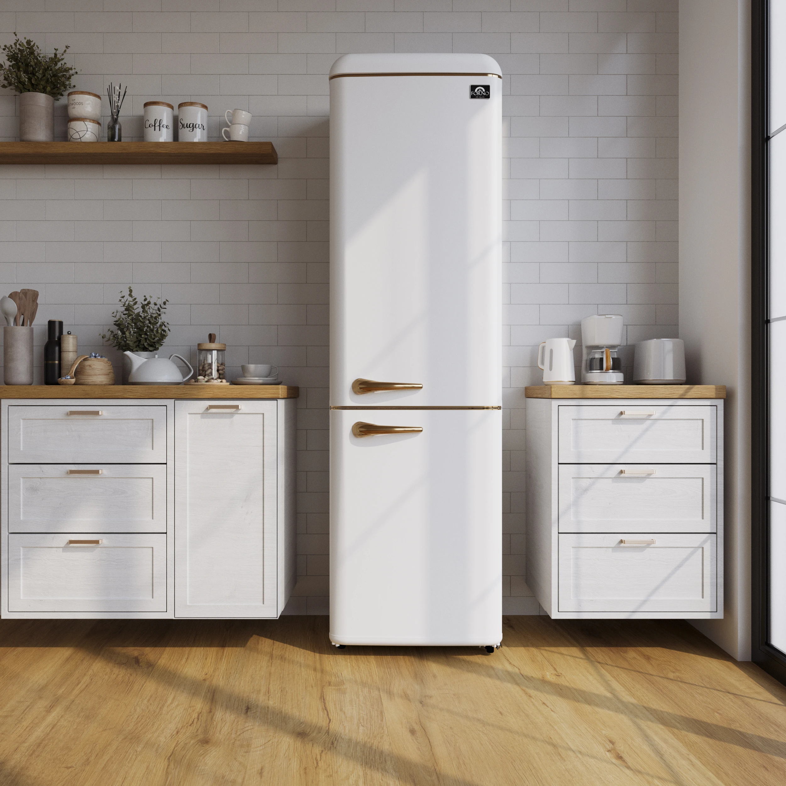 Storico 22-Inch Retro bottom freezer Fridge in White, 9 cu.ft, copper-tone handle FFFFD174522WHT