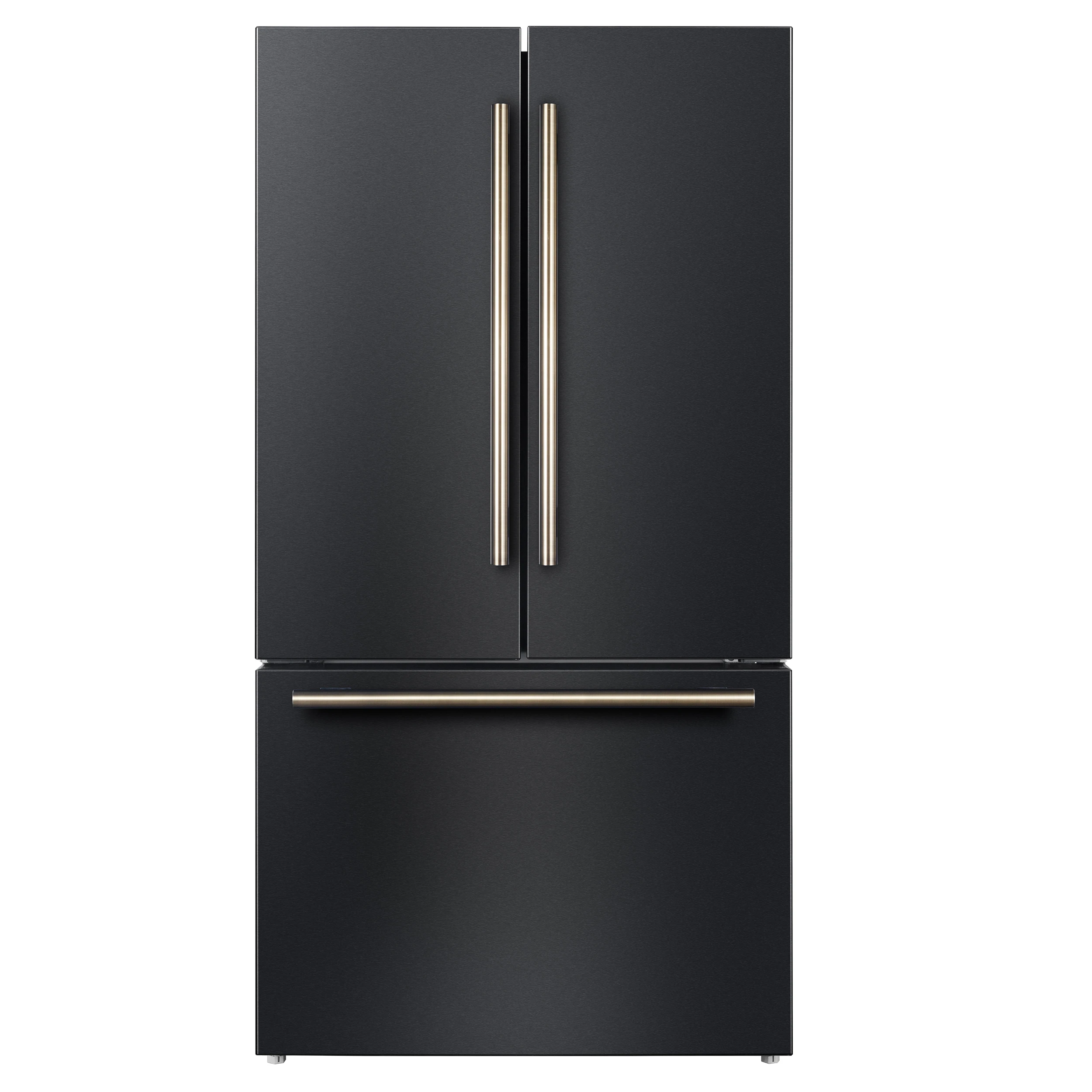Rivello 36 Inch French Door Refrigerator in Black with Antique Brass, Internal Water Dispenser, Filtered Ice, Adjustable Shelves, Energy Star Certified FFFFD178336BLK