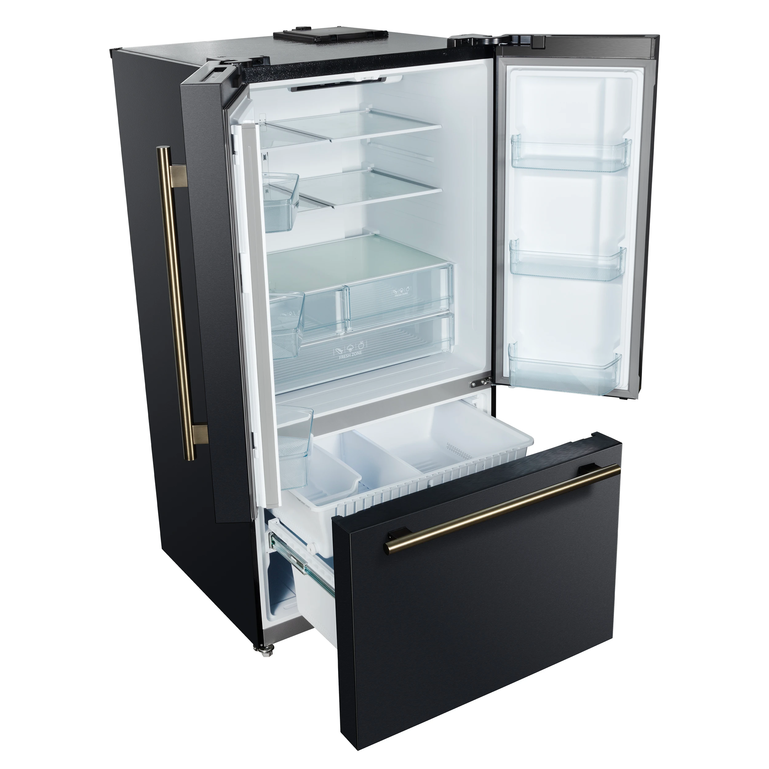 Rivello 36 Inch French Door Refrigerator in Black with Antique Brass, Internal Water Dispenser, Filtered Ice, Adjustable Shelves, Energy Star Certified FFFFD178336BLK