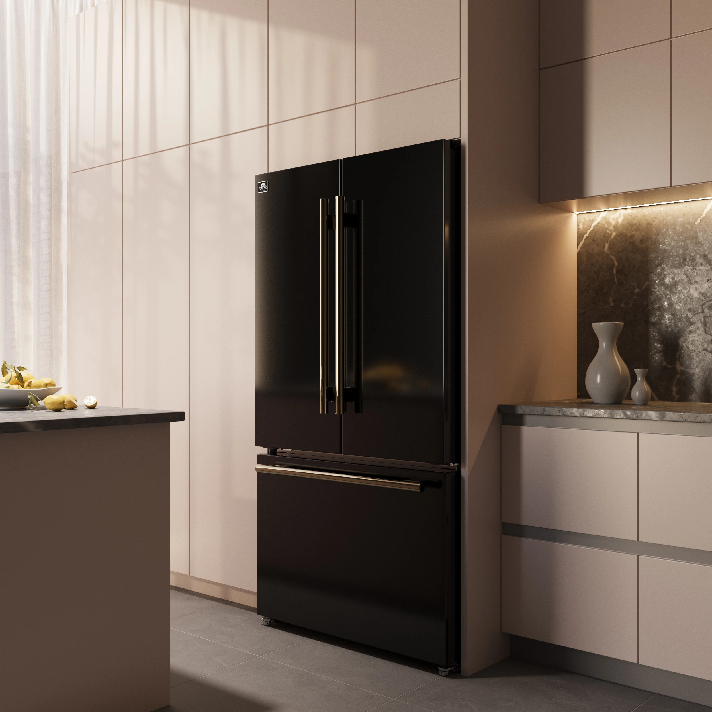 Rivello 36 Inch French Door Refrigerator in Black with Antique Brass, Internal Water Dispenser, Filtered Ice, Adjustable Shelves, Energy Star Certified FFFFD178336BLK