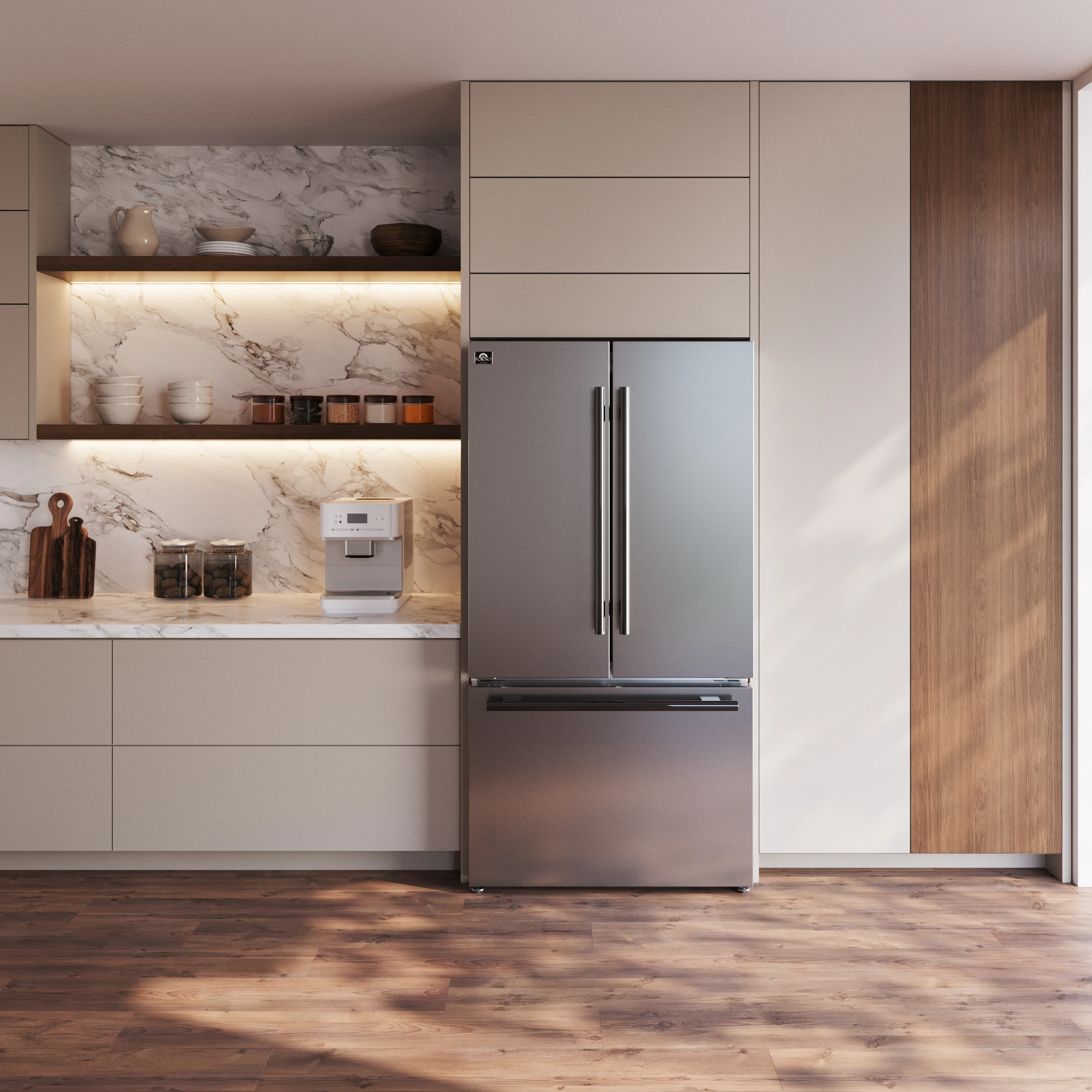 Rivello 36 Inch French Door Refrigerator in Stainless Steel, Internal Water Dispenser, Filtered Ice, Adjustable Shelves, Energy Star Certified FFFFD178336S