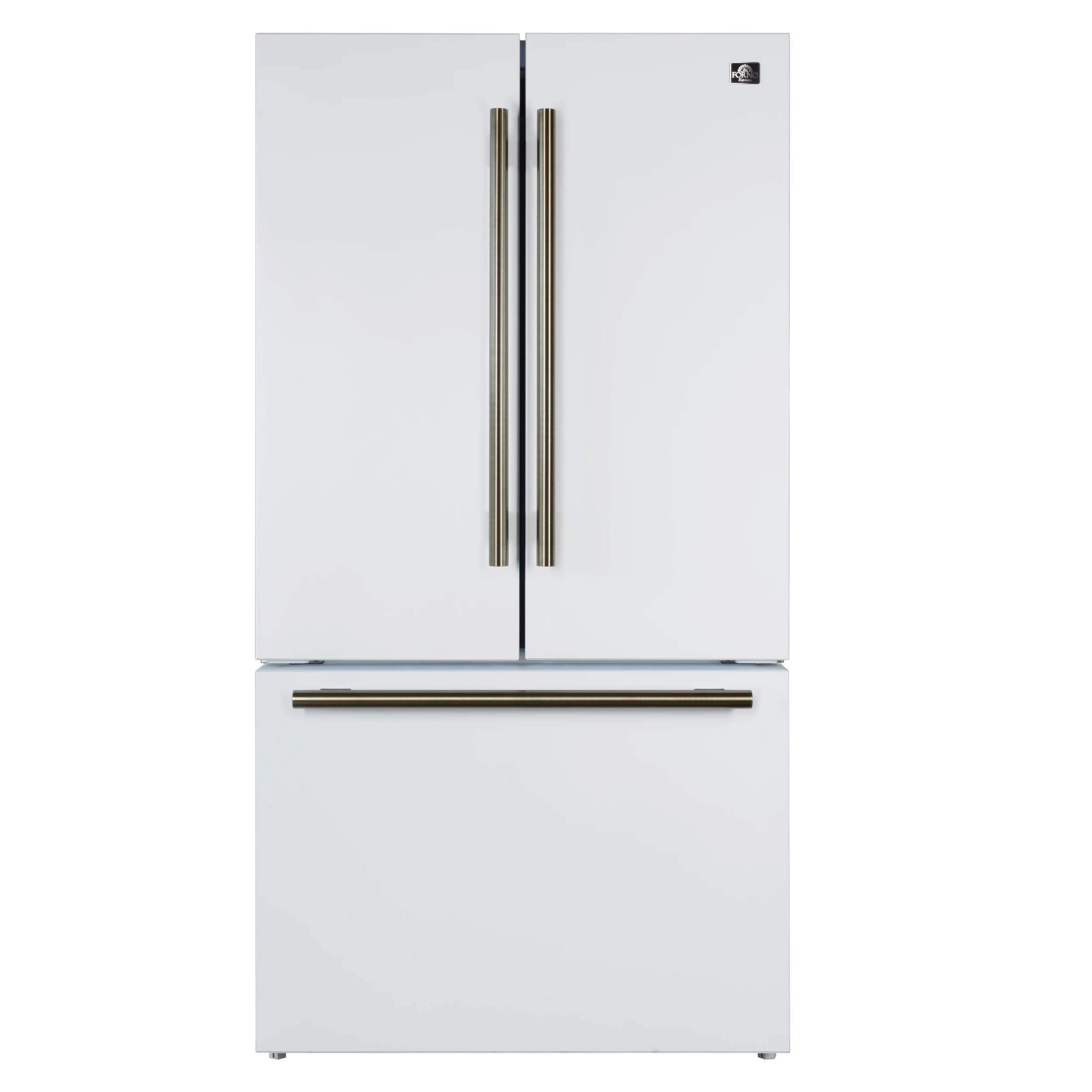 Rivello 36 Inch French Door Refrigerator in White with Antique Brass, Internal Water Dispenser, Filtered Ice, Adjustable Shelves, Energy Star Certified FFFFD178336WHT
