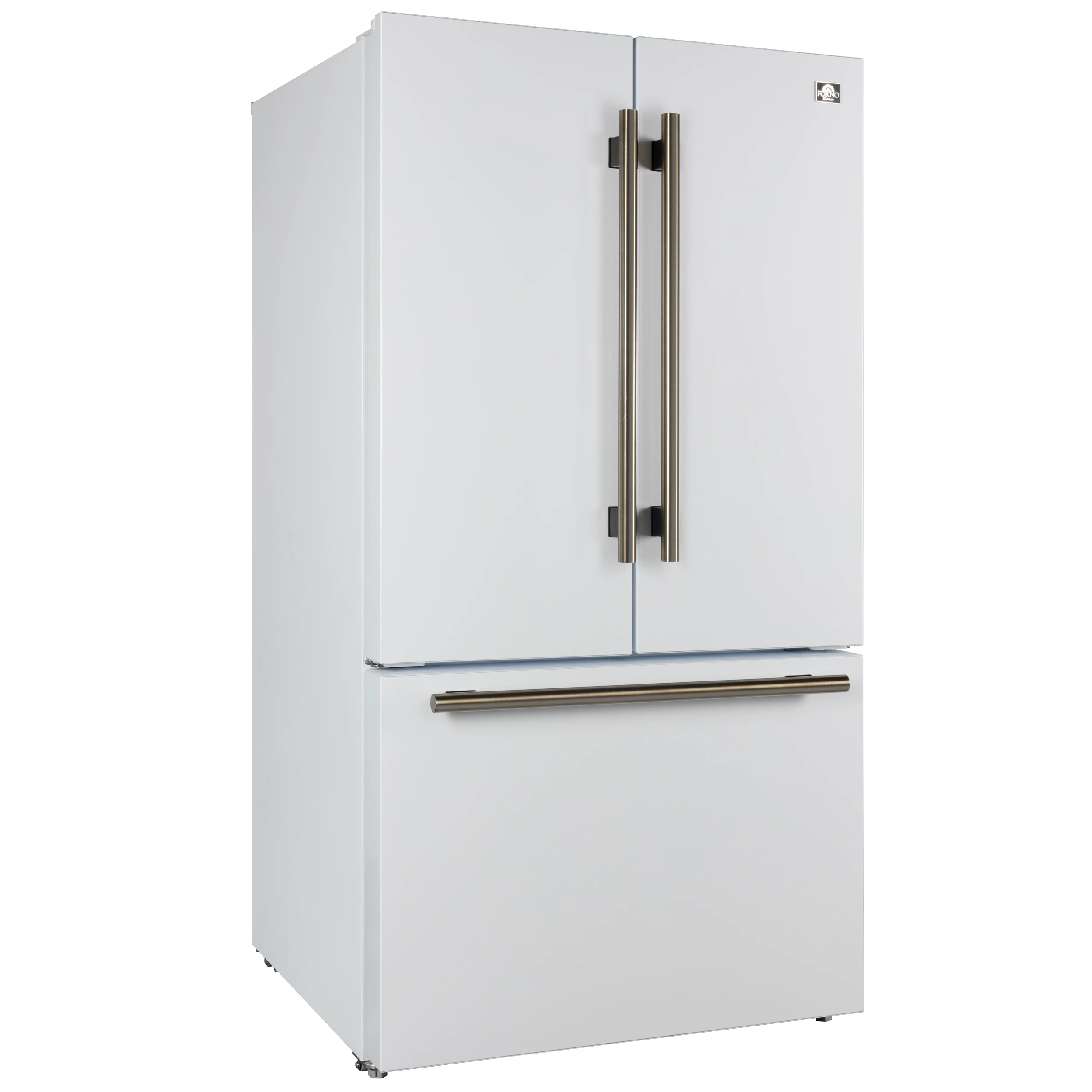 Rivello 36 Inch French Door Refrigerator in White with Antique Brass, Internal Water Dispenser, Filtered Ice, Adjustable Shelves, Energy Star Certified FFFFD178336WHT