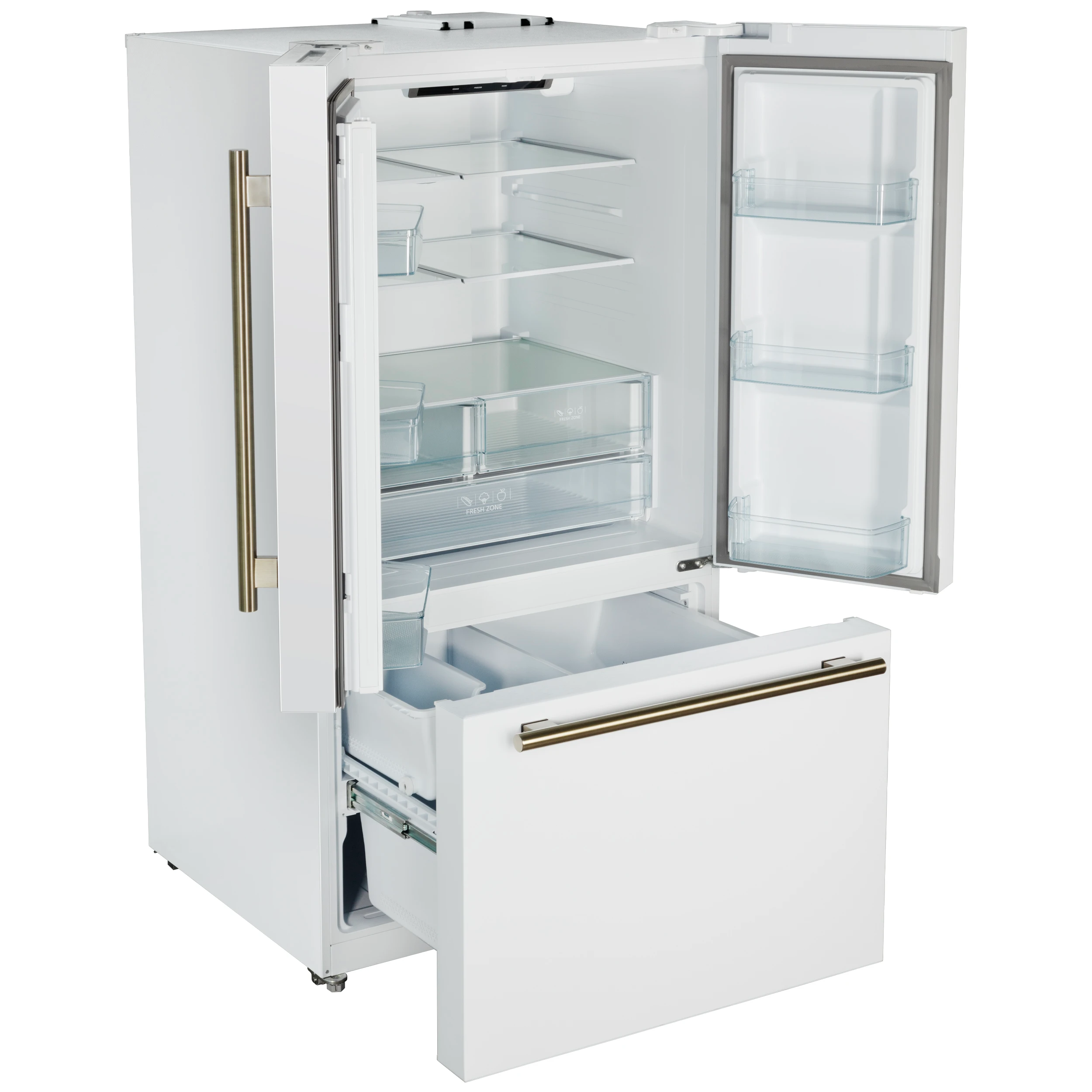 Rivello 36 Inch French Door Refrigerator in White with Antique Brass, Internal Water Dispenser, Filtered Ice, Adjustable Shelves, Energy Star Certified FFFFD178336WHT