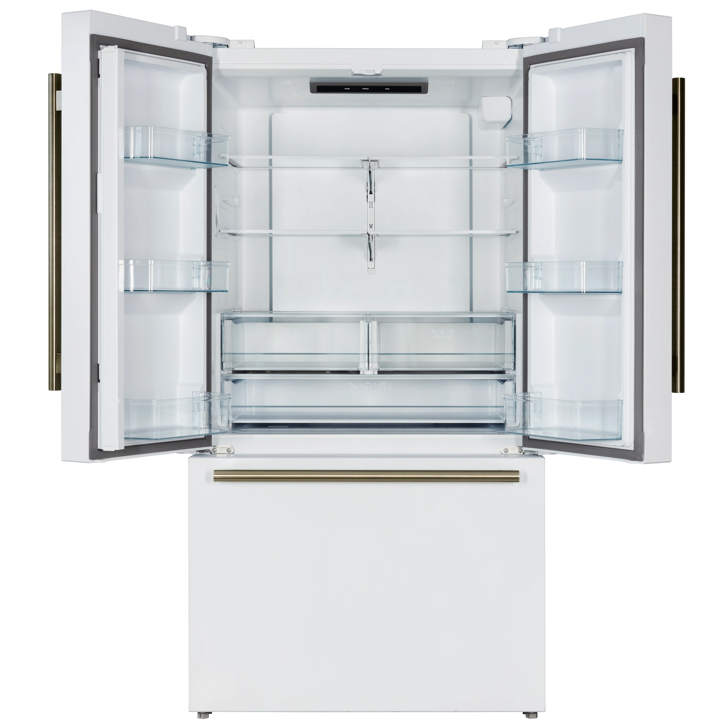 Rivello 36 Inch French Door Refrigerator in White with Antique Brass, Internal Water Dispenser, Filtered Ice, Adjustable Shelves, Energy Star Certified FFFFD178336WHT