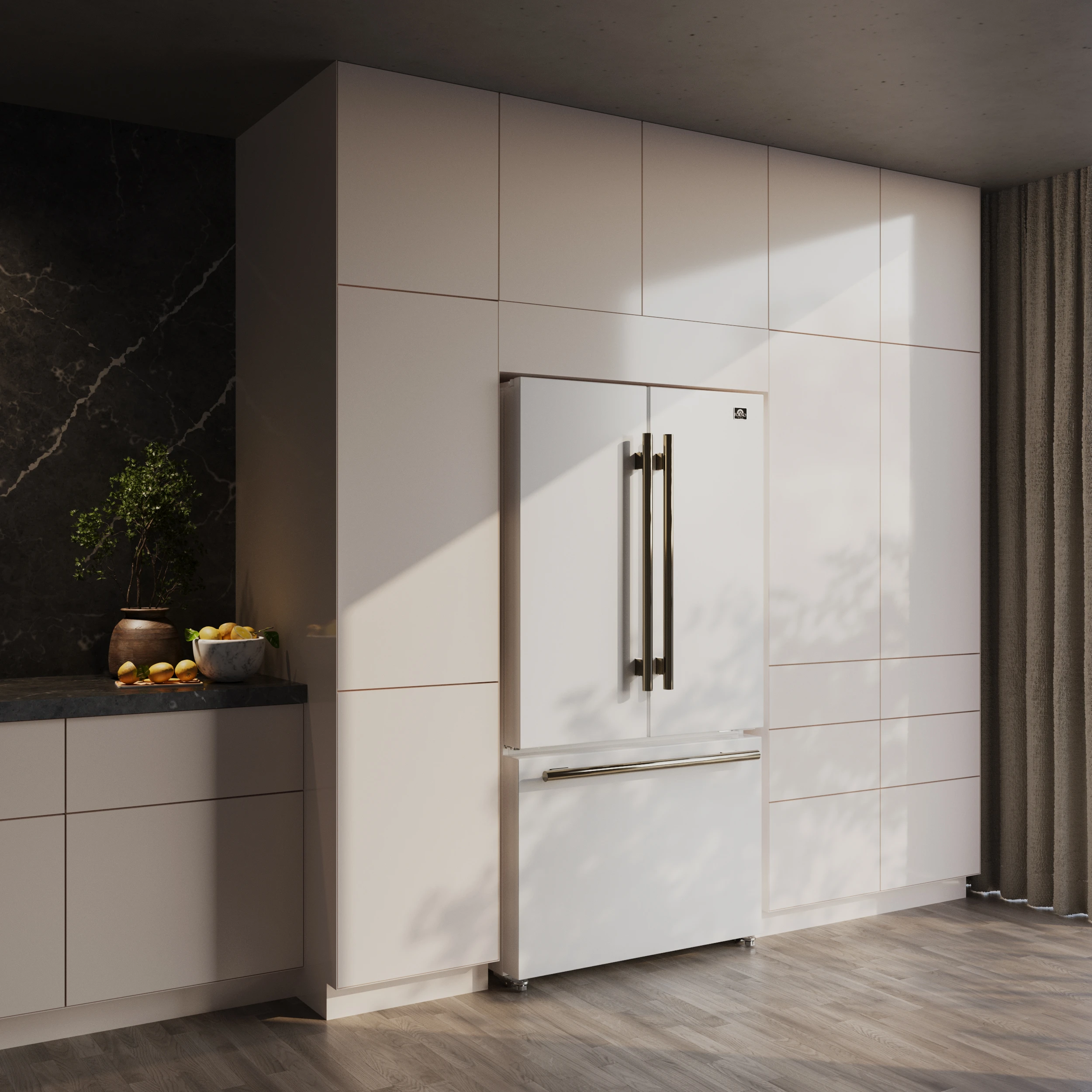 Rivello 36 Inch French Door Refrigerator in White with Antique Brass, Internal Water Dispenser, Filtered Ice, Adjustable Shelves, Energy Star Certified FFFFD178336WHT