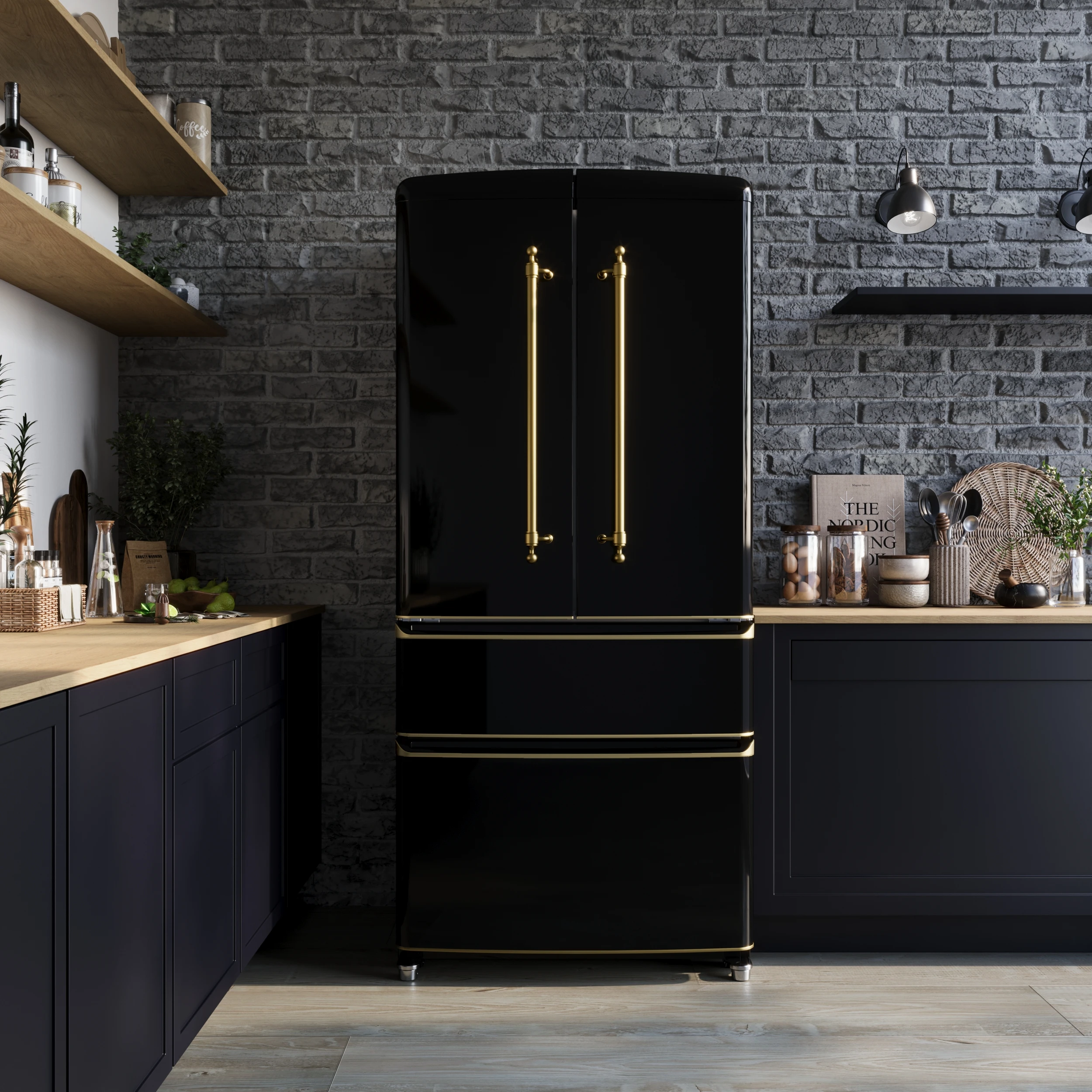 Luigi 33-Inch French Door Refrigerator, 18 cu.ft, Black Finish, Antique Brass Handles, ENERGY STAR Certified FFFFD179133BLK