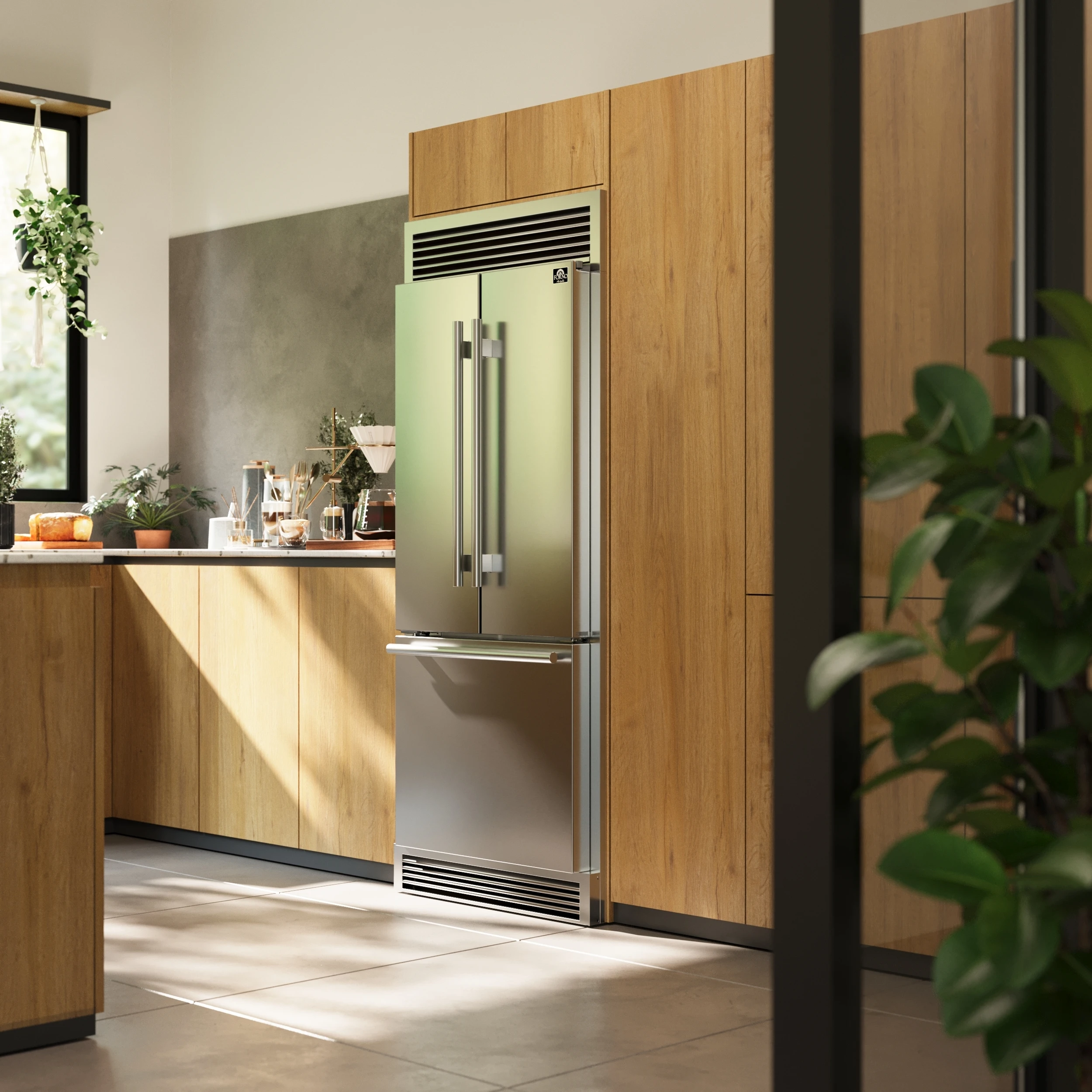 Gallipoli 30-Inch French Door Refrigerator, 17.5 cu.ft Capacity, Decorative Grill, 34-Inch Width, Stainless Steel, No Frost Technology, Energy Efficient FFFFD197435SG