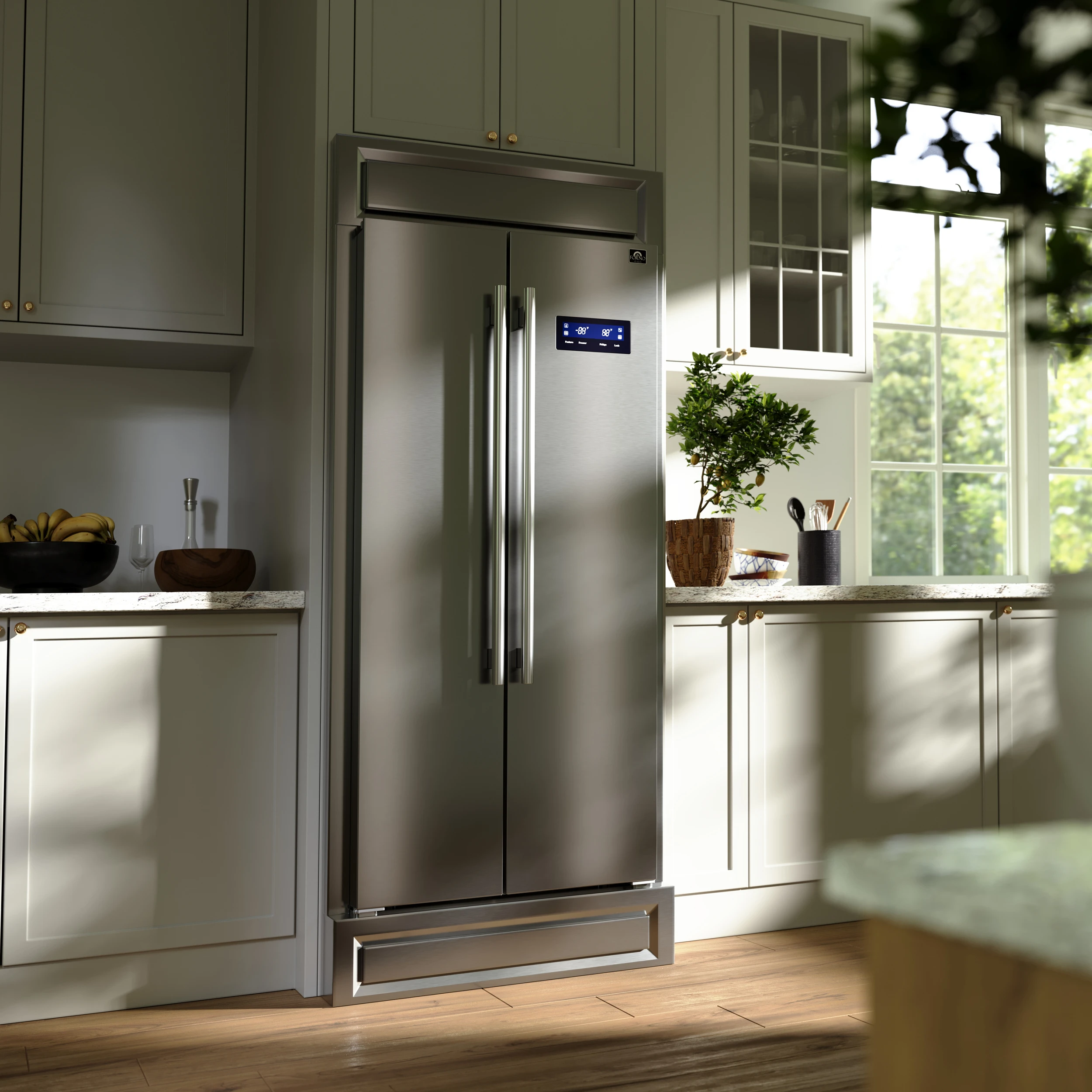 Salerno 37-Inch Built-In Stainless Steel Refrigerator, 15.6 cu.ft, Modern Decorative Grill, ENERGY STAR Certified FFRBI180537MG