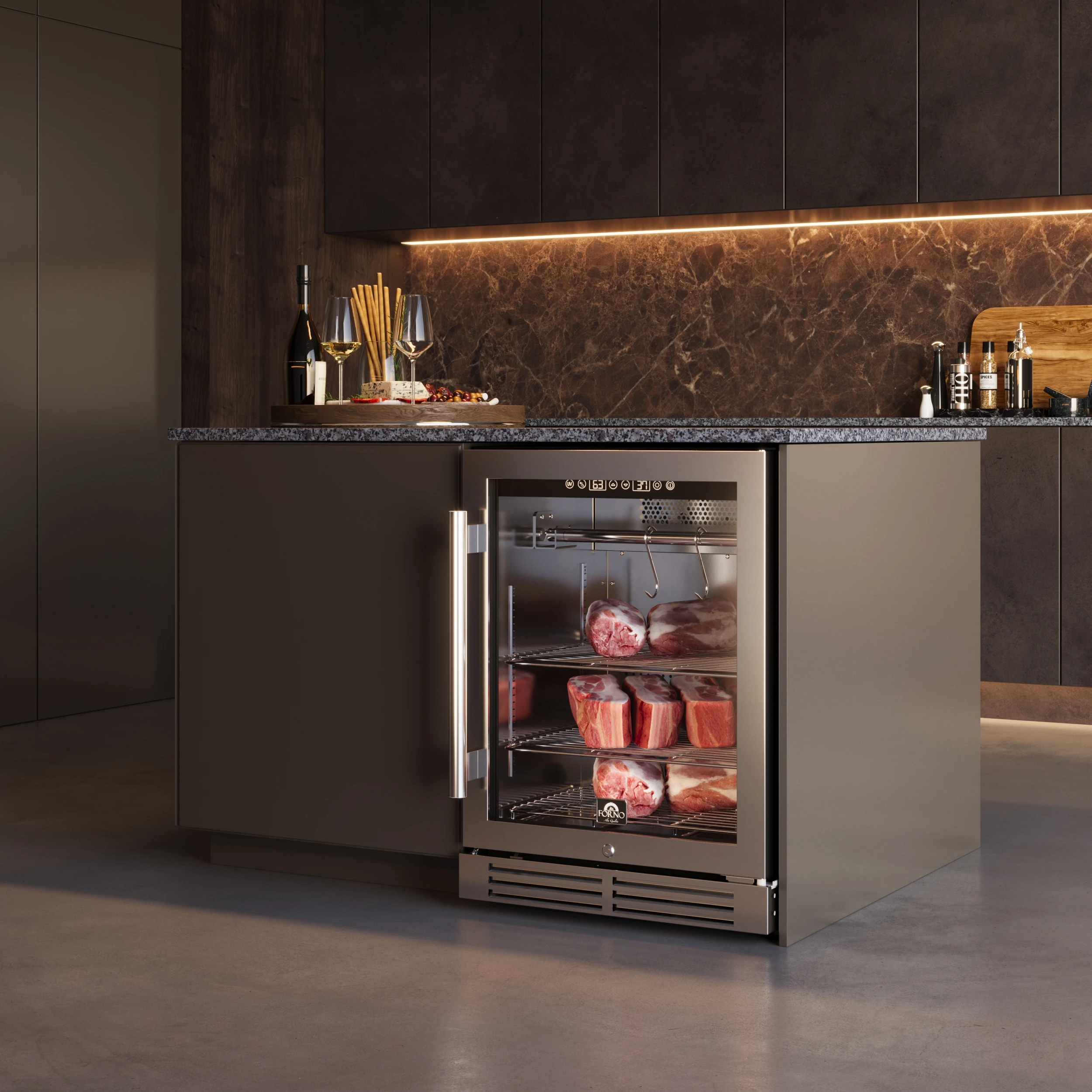 Asciutto 24-Inch Dry Aging Cabinet, Stainless Steel 304, 4.41 cu.ft, LED Lighting, Adjustable Shelves FFSDA684024