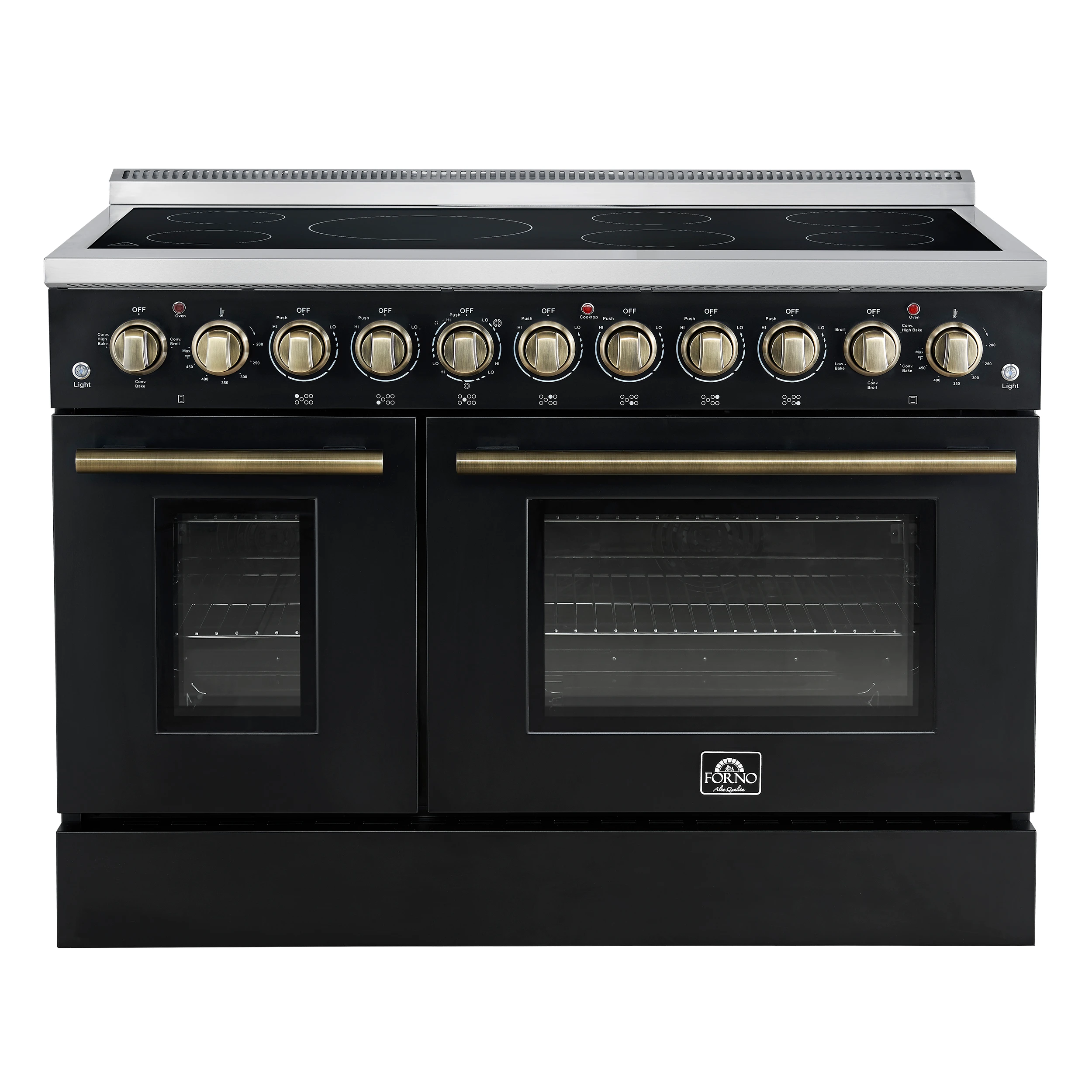 Paolo 48 Inch Freestanding Electric Range in Black with Antique Brass, 6.7 cu.ft, True Convection Oven, Energy Efficient FFSEL601148BLK