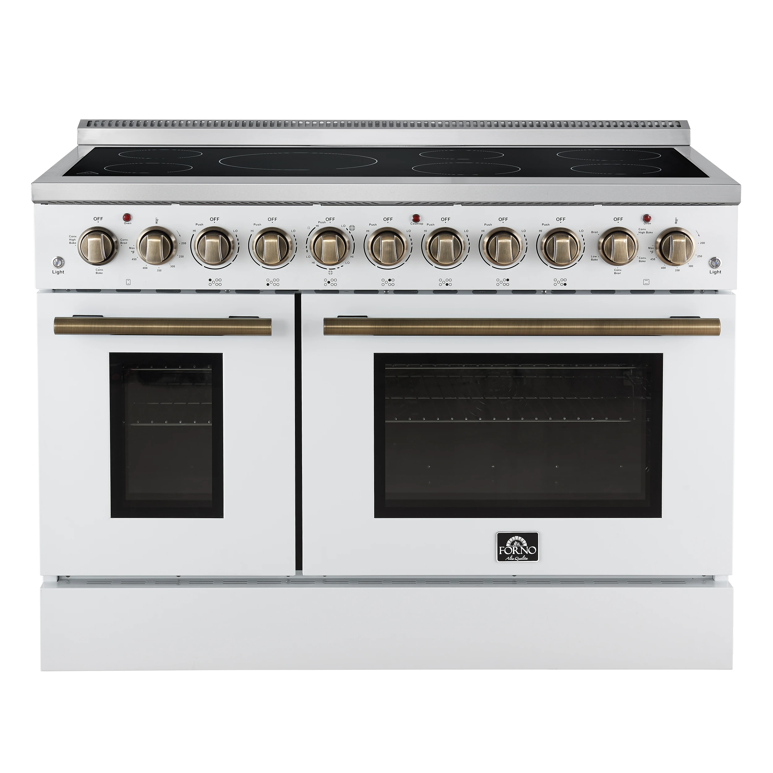 Paolo 48 Inch Freestanding Electric Range in White with Antique Brass, 6.7 cu.ft, True Convection Oven, Energy Efficient FFSEL601148WHT