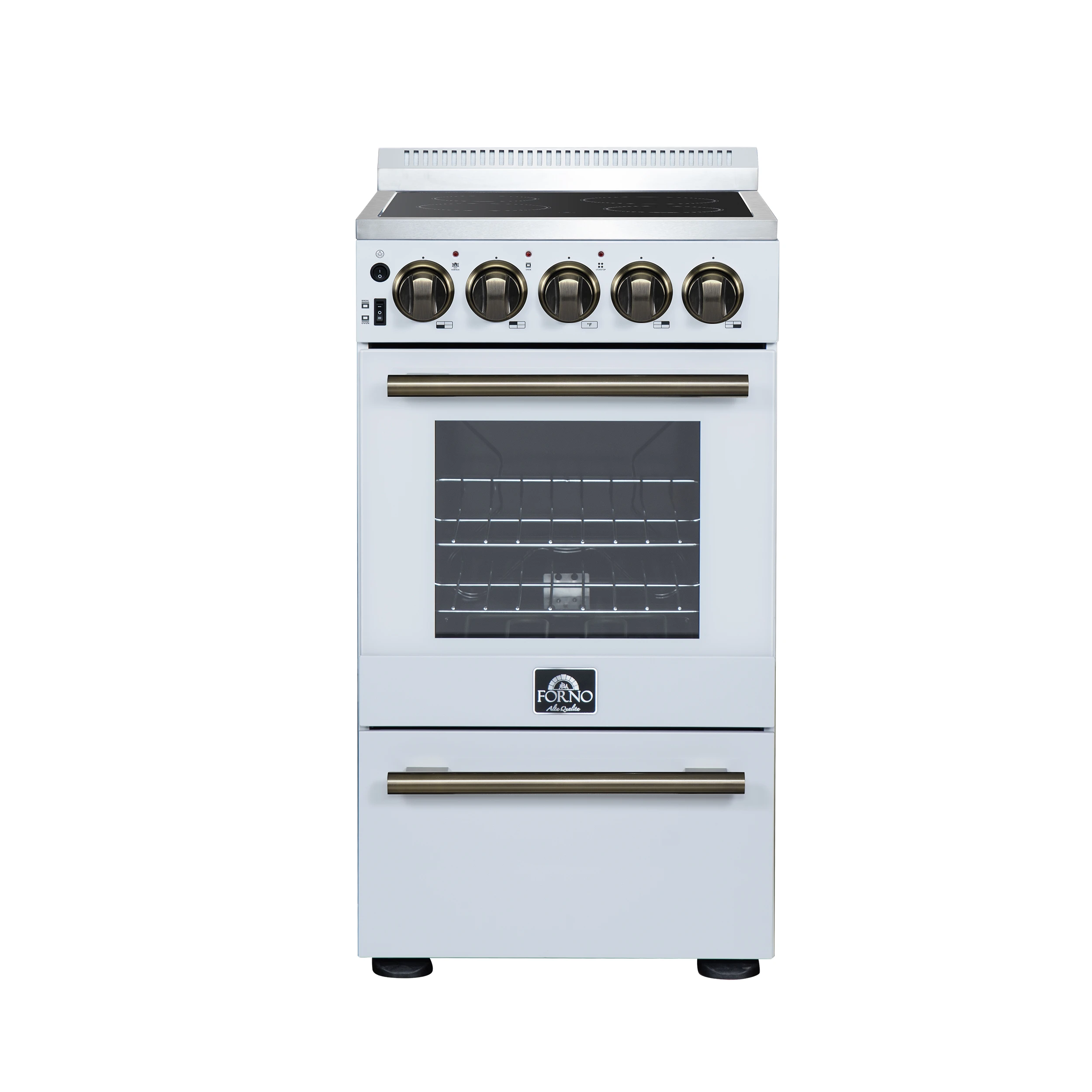 Pallerano 20 Inch Freestanding Electric Range in White with Antique Brass, Compact Design FFSEL605220WHT