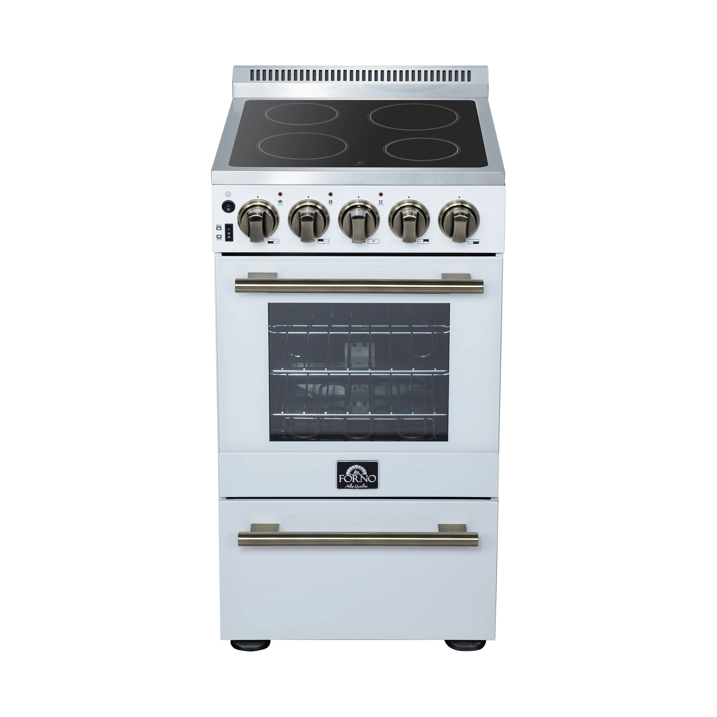 Pallerano 20 Inch Freestanding Electric Range in White with Antique Brass, Compact Design FFSEL605220WHT