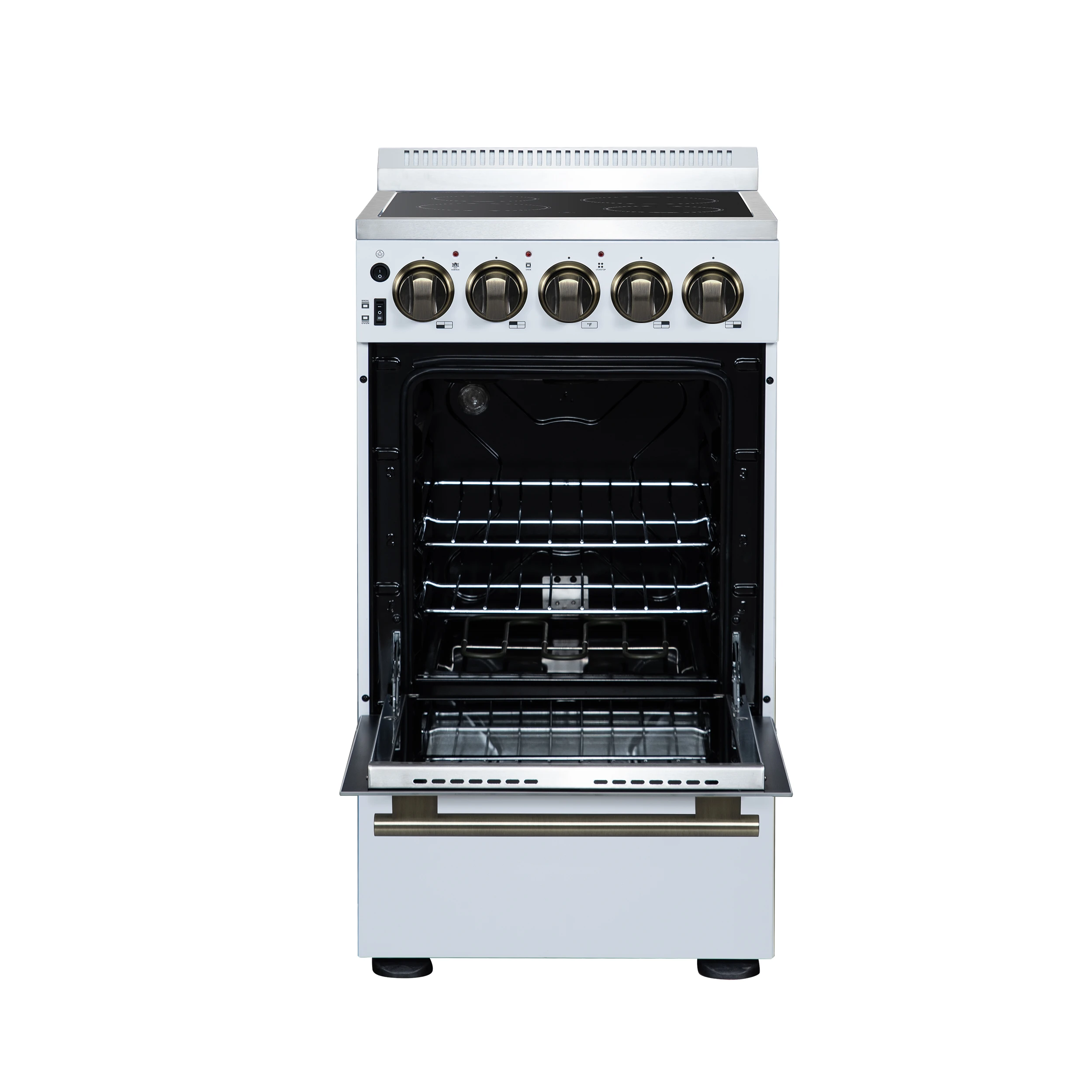 Pallerano 20 Inch Freestanding Electric Range in White with Antique Brass, Compact Design FFSEL605220WHT