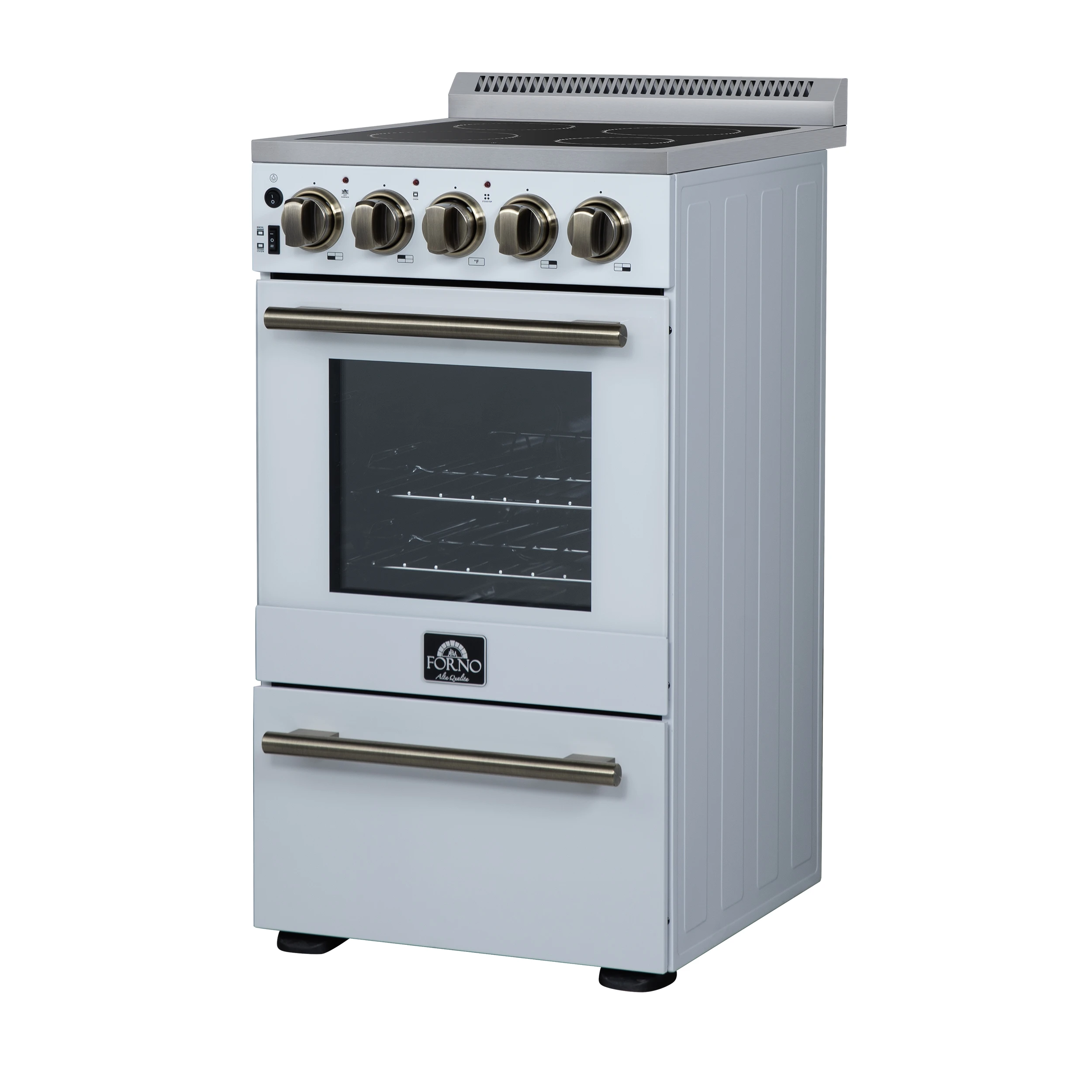 Pallerano 20 Inch Freestanding Electric Range in White with Antique Brass, Compact Design FFSEL605220WHT