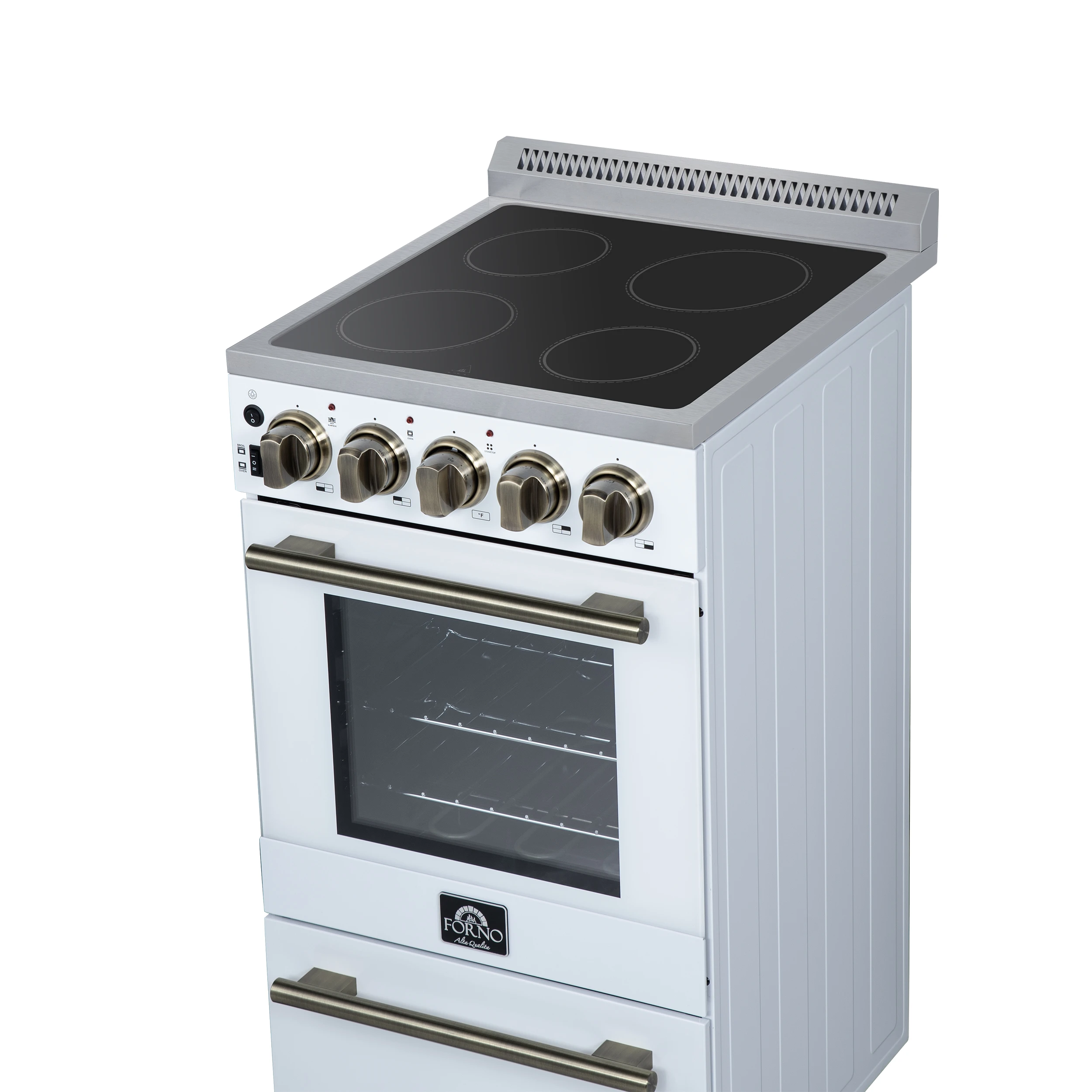 Pallerano 20 Inch Freestanding Electric Range in White with Antique Brass, Compact Design FFSEL605220WHT