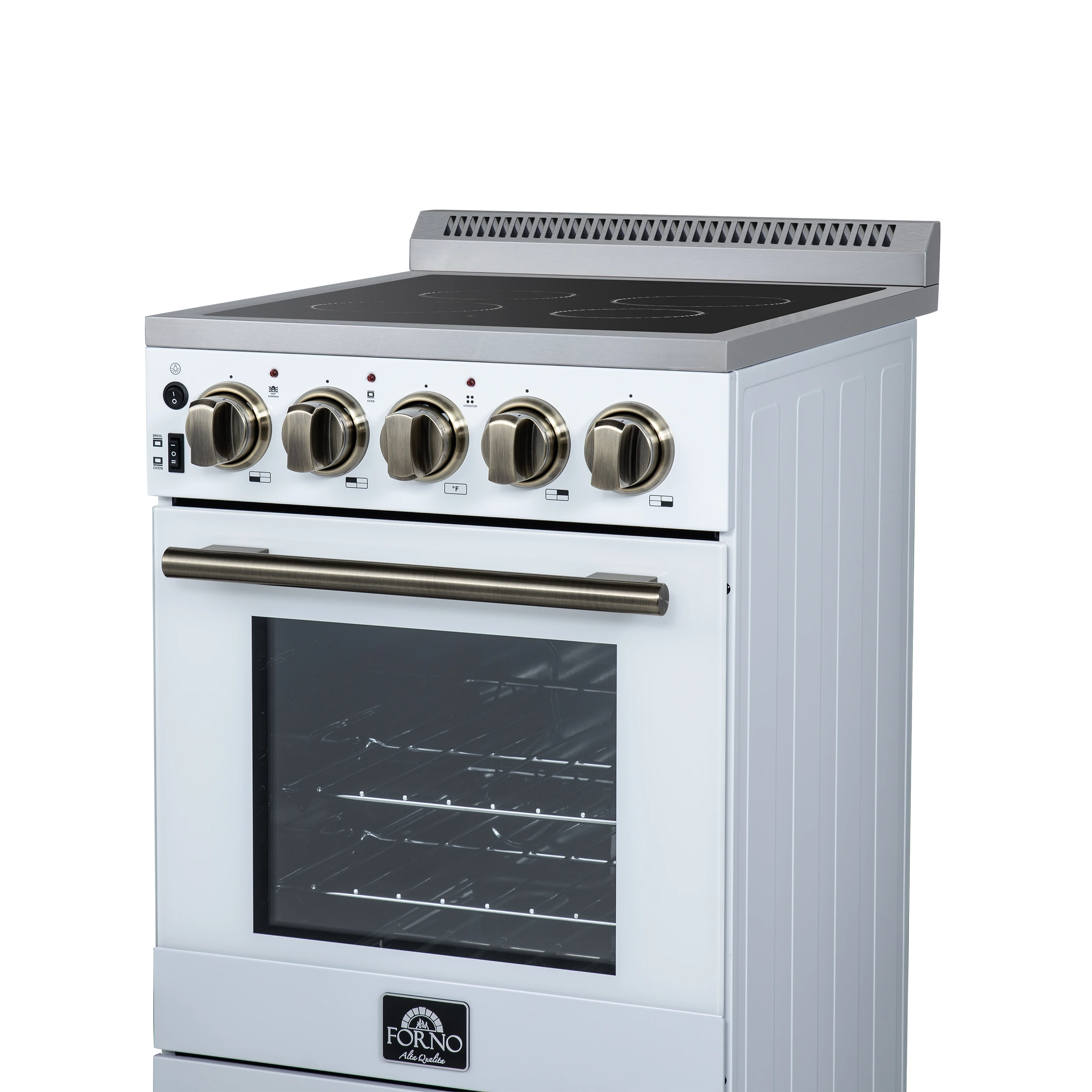 Pallerano 20 Inch Freestanding Electric Range in White with Antique Brass, Compact Design FFSEL605220WHT
