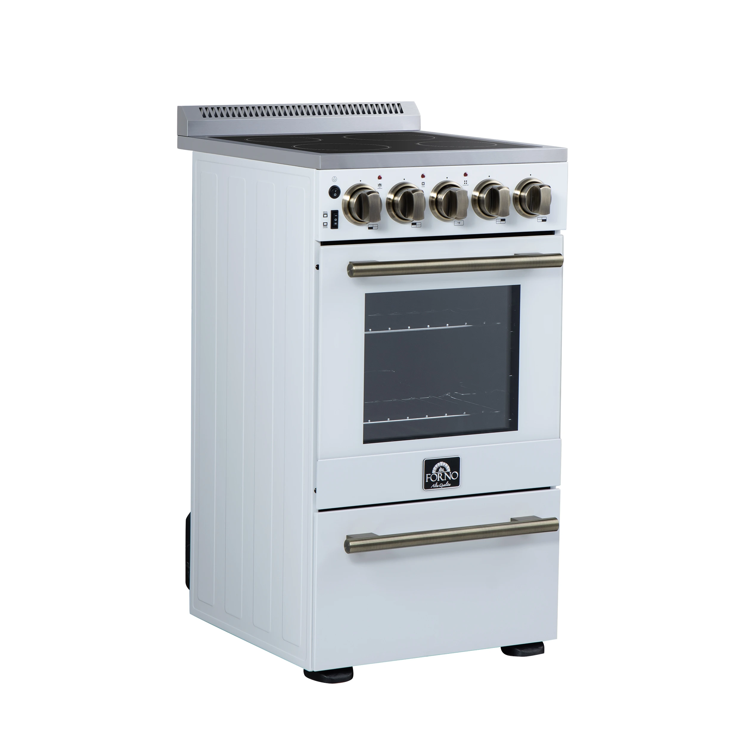 Pallerano 20 Inch Freestanding Electric Range in White with Antique Brass, Compact Design FFSEL605220WHT