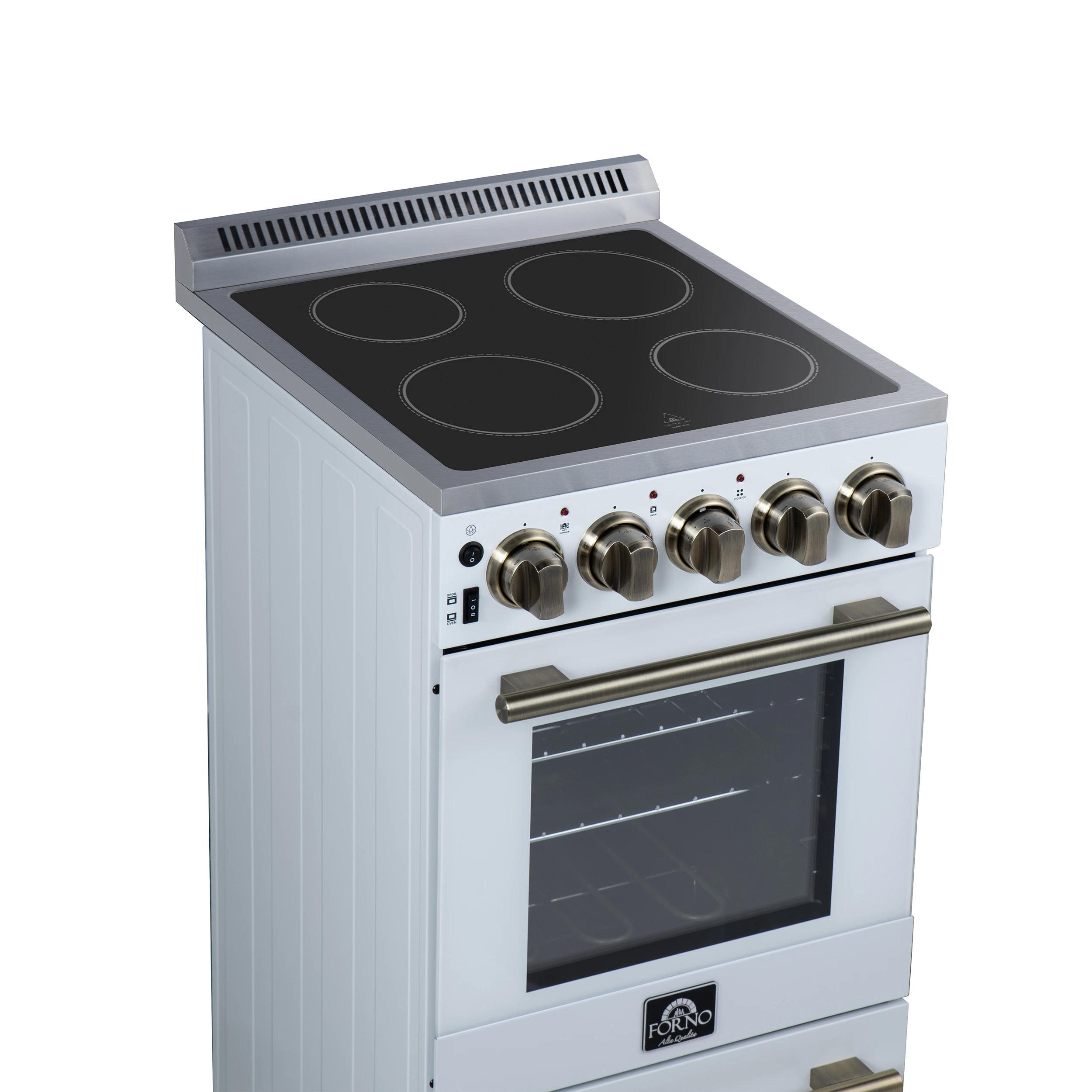 Pallerano 20 Inch Freestanding Electric Range in White with Antique Brass, Compact Design FFSEL605220WHT