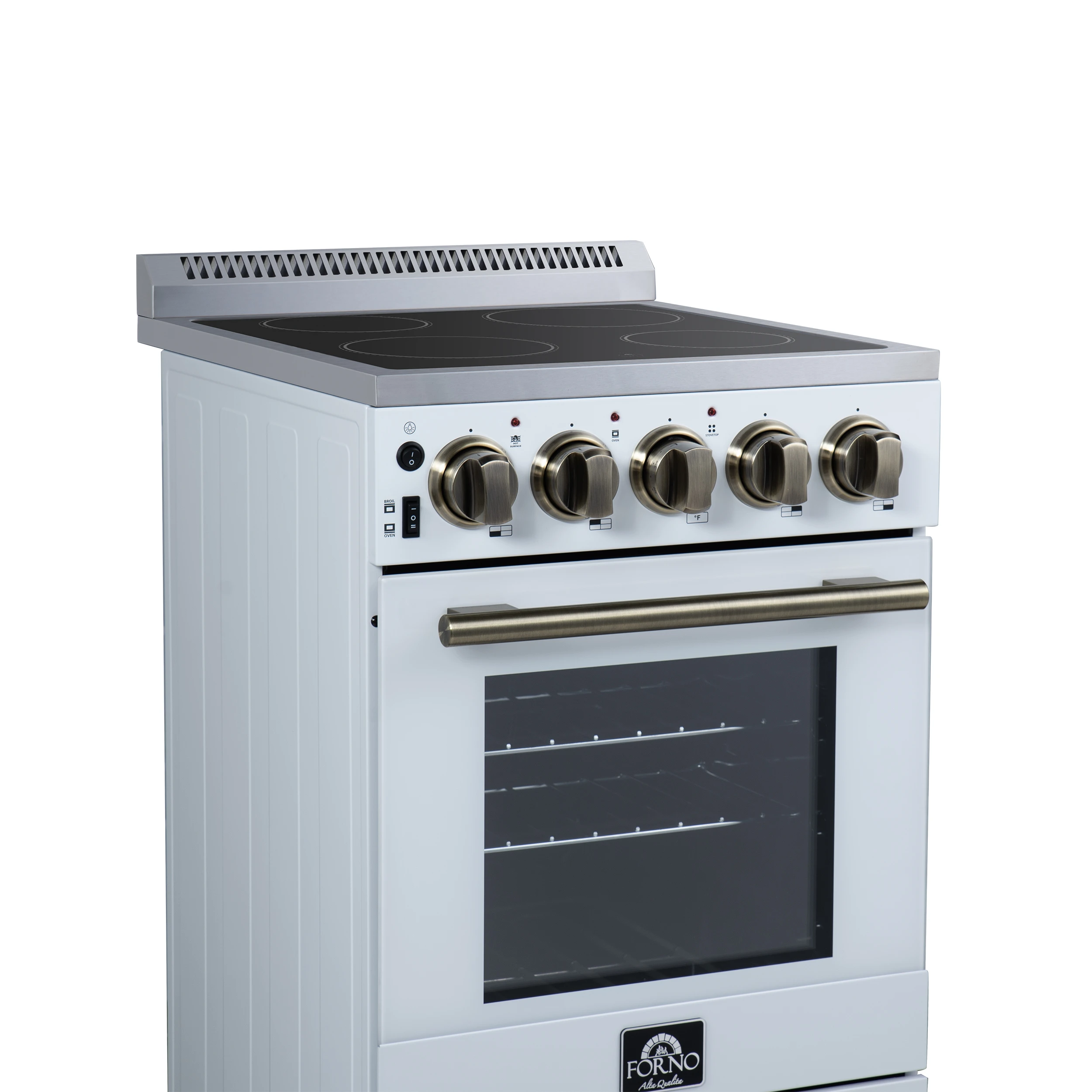 Pallerano 20 Inch Freestanding Electric Range in White with Antique Brass, Compact Design FFSEL605220WHT