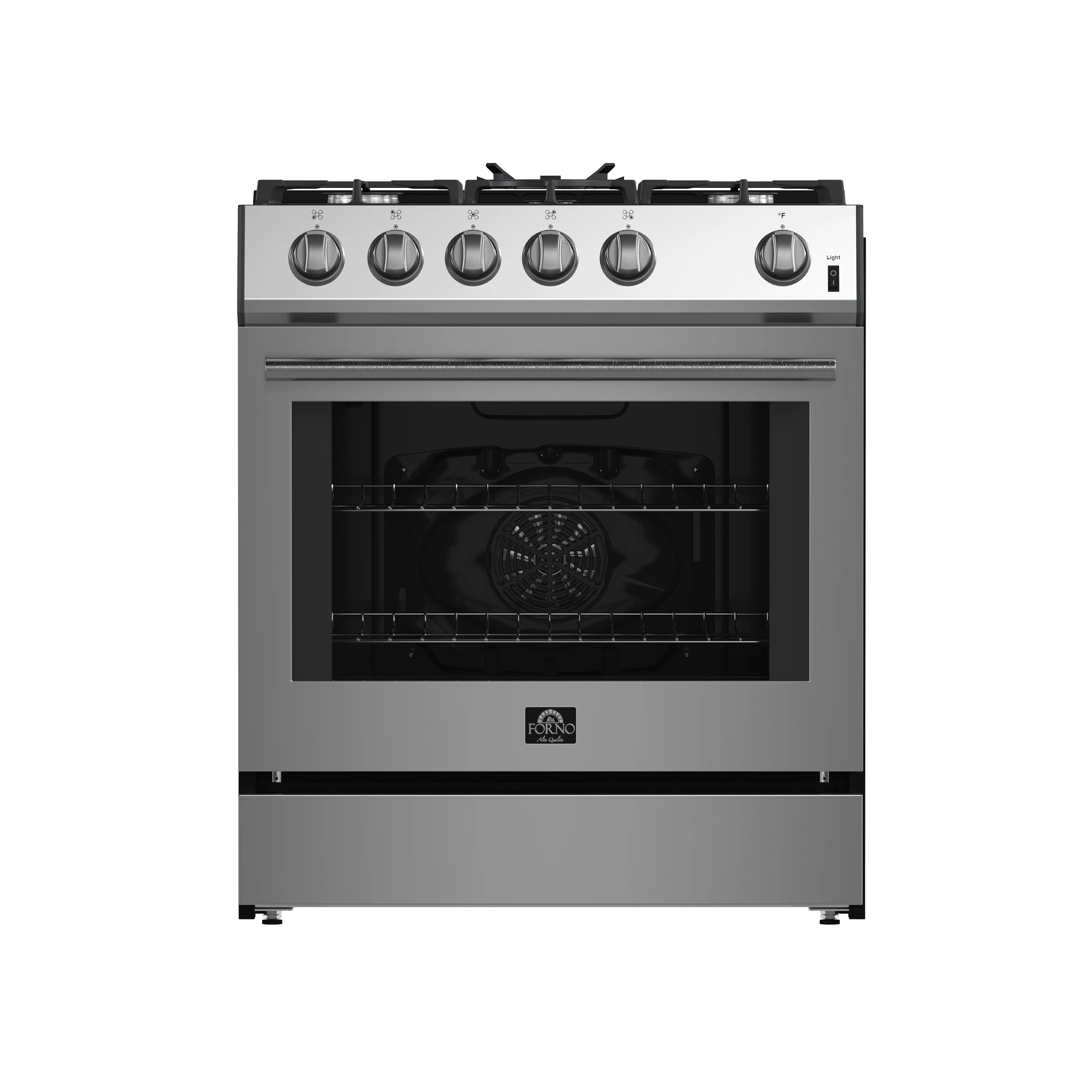 Leonardo 30-Inch Stainless Steel Gas Range, 5 Sealed Burners (Totaling 39,500 BTU), 5 cu.ft. Convection Oven, Continuous Cast Iron Grates, Black Enamel Interior, Auto Re-Ignition, LP Conversi