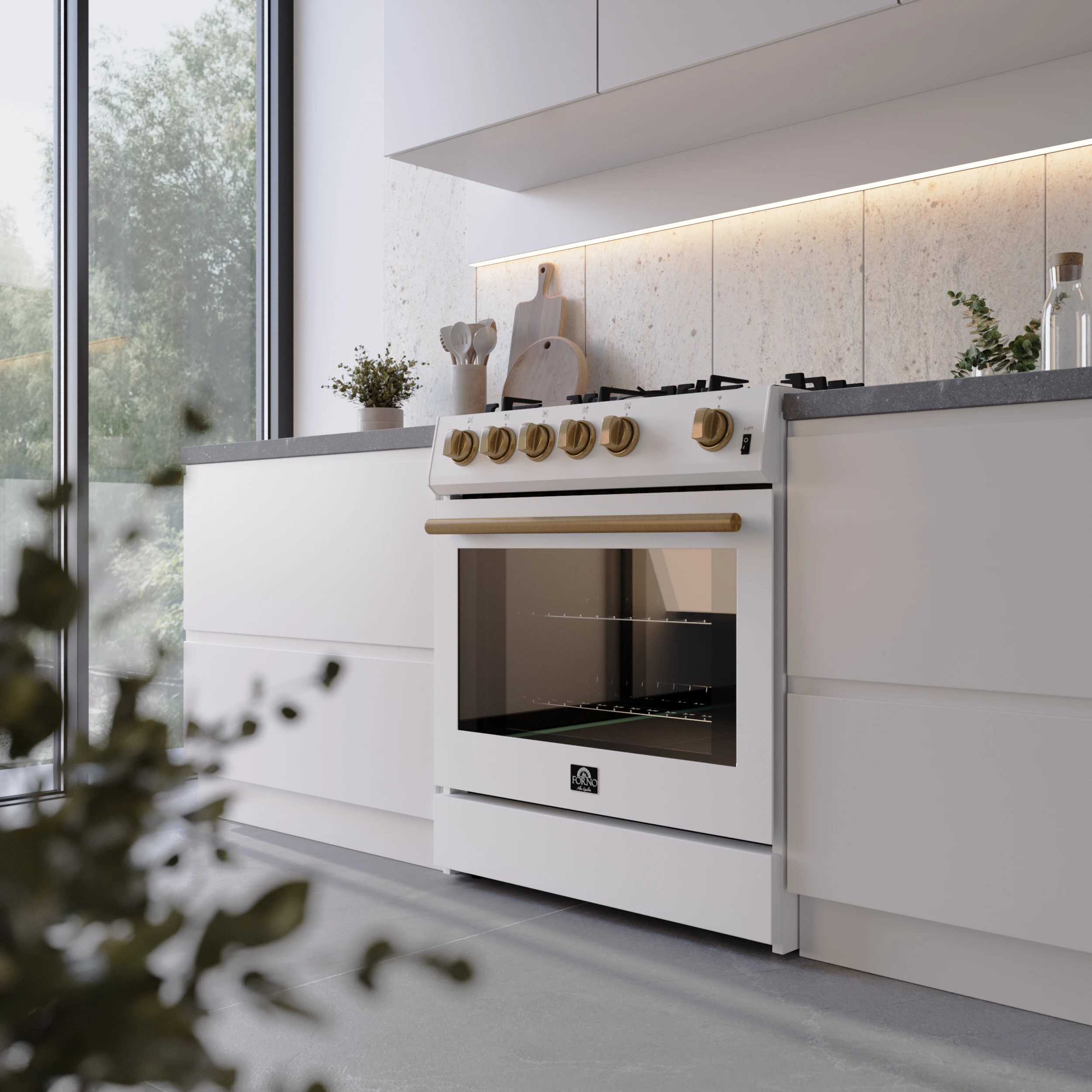 Leonardo Espresso 30-Inch White Gas Range, 5 Burners, 39,500 BTU, 5 cu.ft Convection Oven FFSGS111630WHT