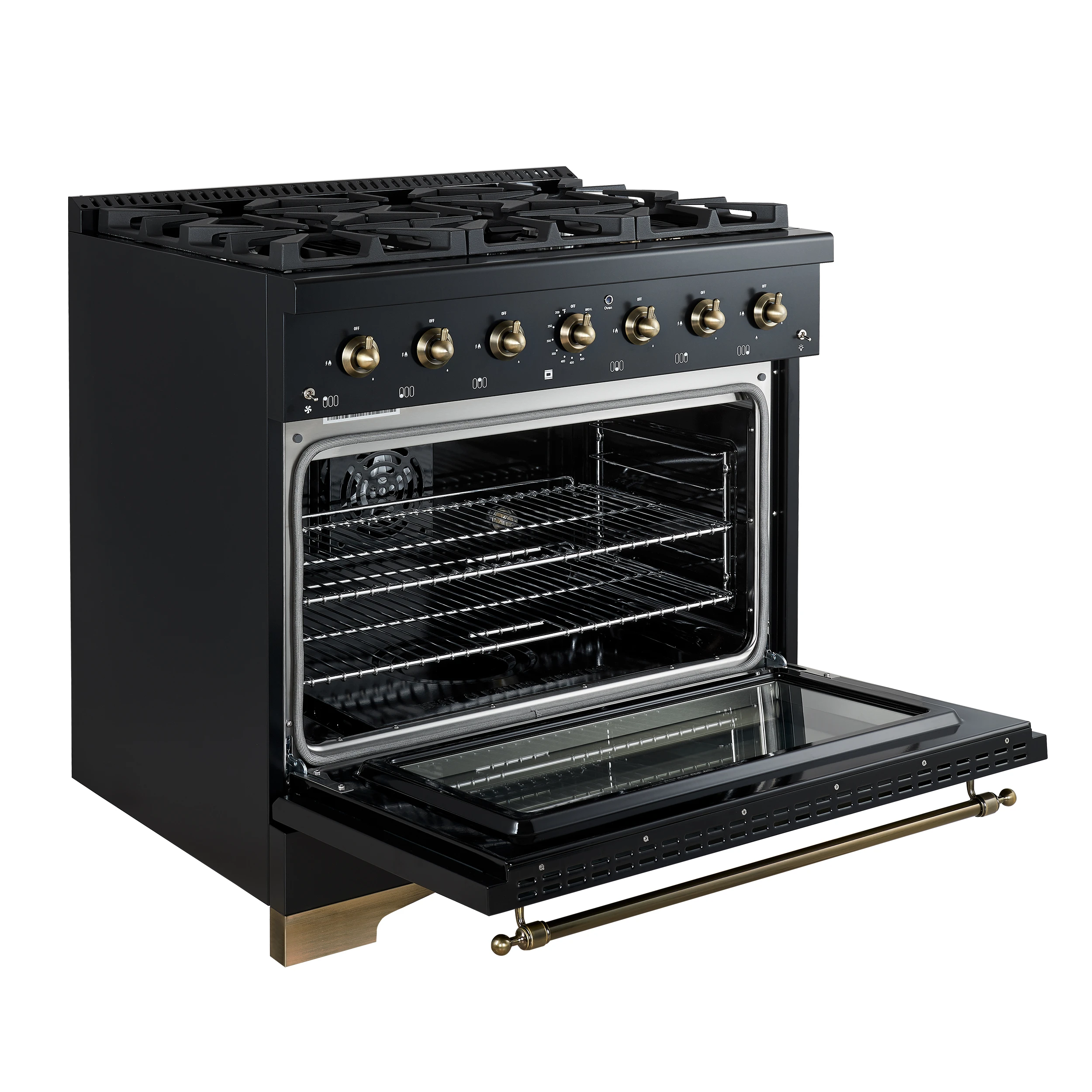 Antico 36-inch Dual Fuel Range, Black and Antique Brass, 6 Burners, 4.5 cu.ft. Convection Oven FFSGS611336BLK