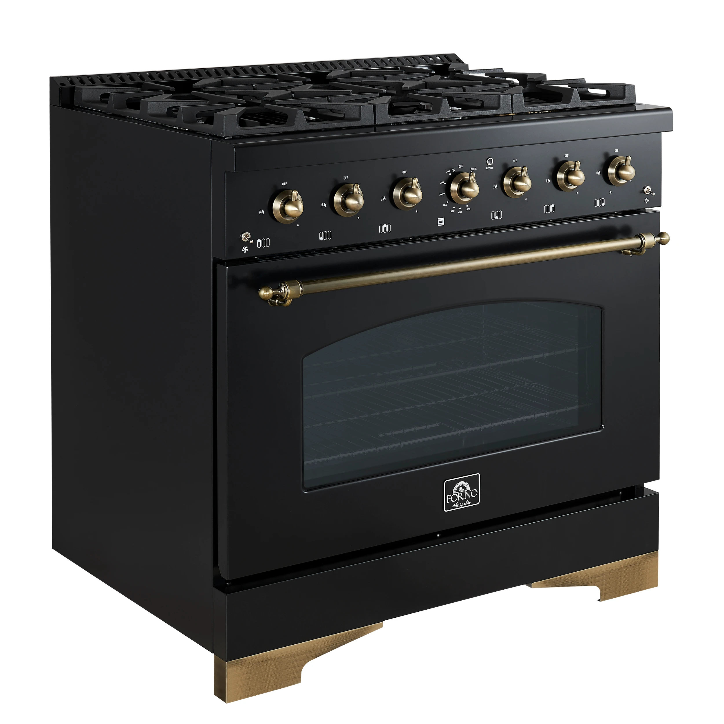 Antico 36-inch Dual Fuel Range, Black and Antique Brass, 6 Burners, 4.5 cu.ft. Convection Oven FFSGS611336BLK
