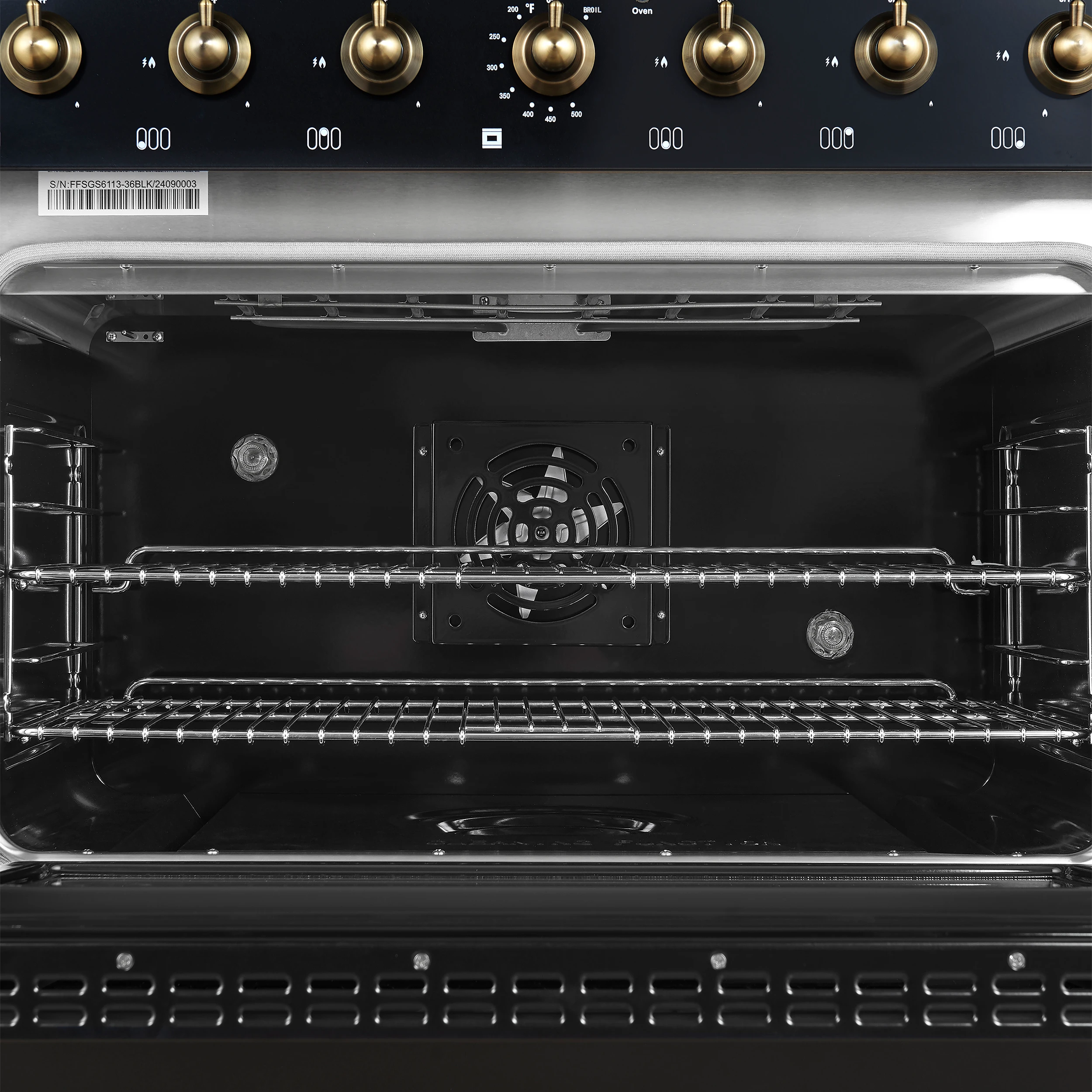 Antico 36-inch Dual Fuel Range, Black and Antique Brass, 6 Burners, 4.5 cu.ft. Convection Oven FFSGS611336BLK
