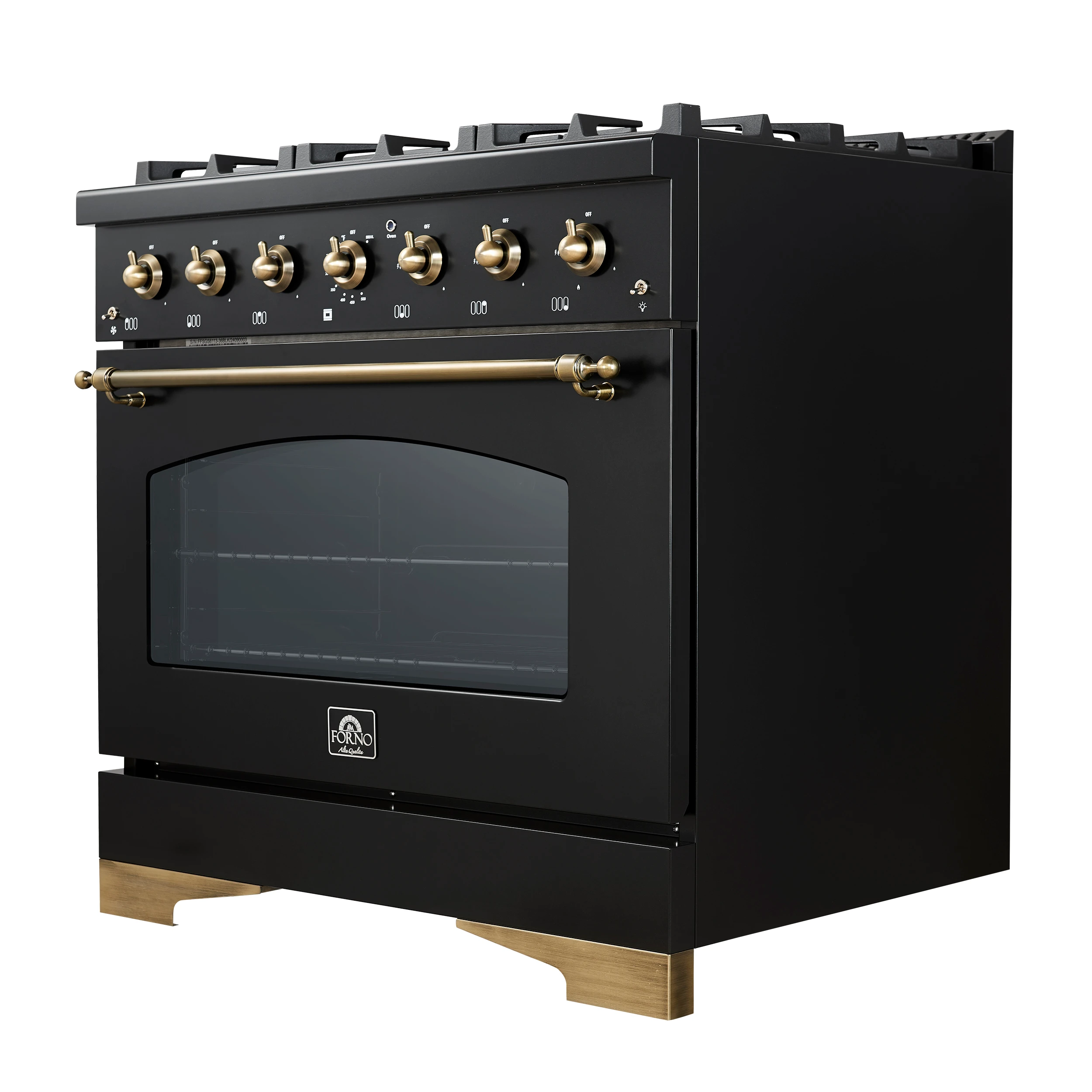 Antico 36-inch Dual Fuel Range, Black and Antique Brass, 6 Burners, 4.5 cu.ft. Convection Oven FFSGS611336BLK