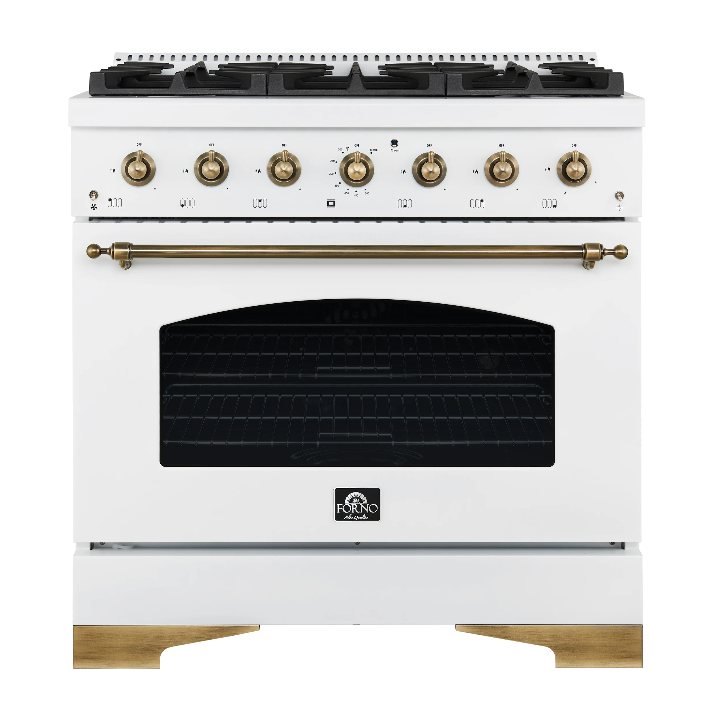 Antico 36-inch Dual Fuel Range White and Antique Brass Design with 6 Sealed Gas Burners and Electric Convection Oven FFSGS611336WHT