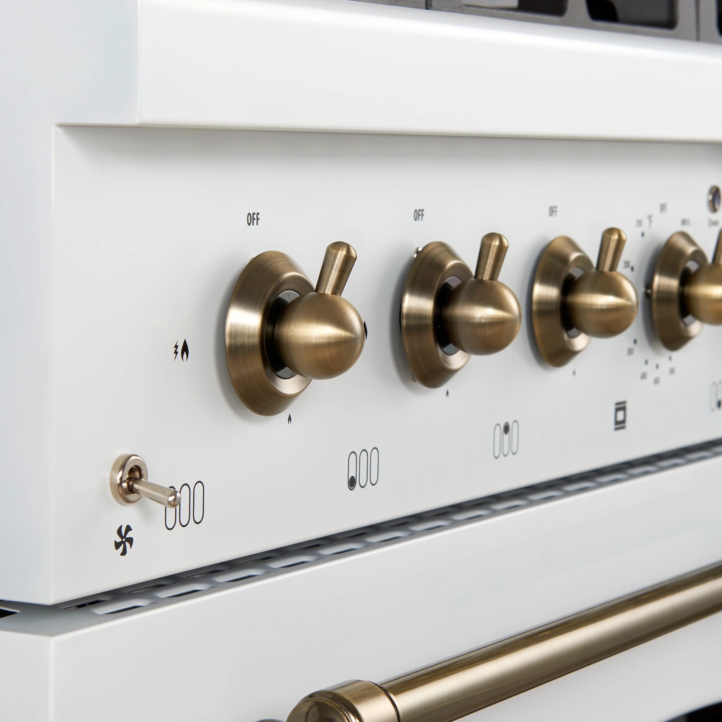 Antico 36-inch Dual Fuel Range White and Antique Brass Design with 6 Sealed Gas Burners and Electric Convection Oven FFSGS611336WHT